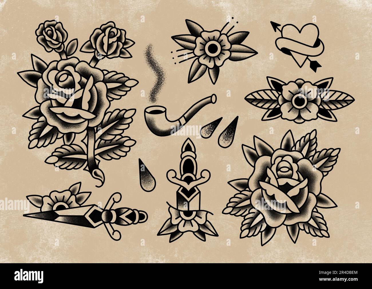 Old School Traditional Tattoo Flash Sheet Designs Black And White 2R4DBEM 