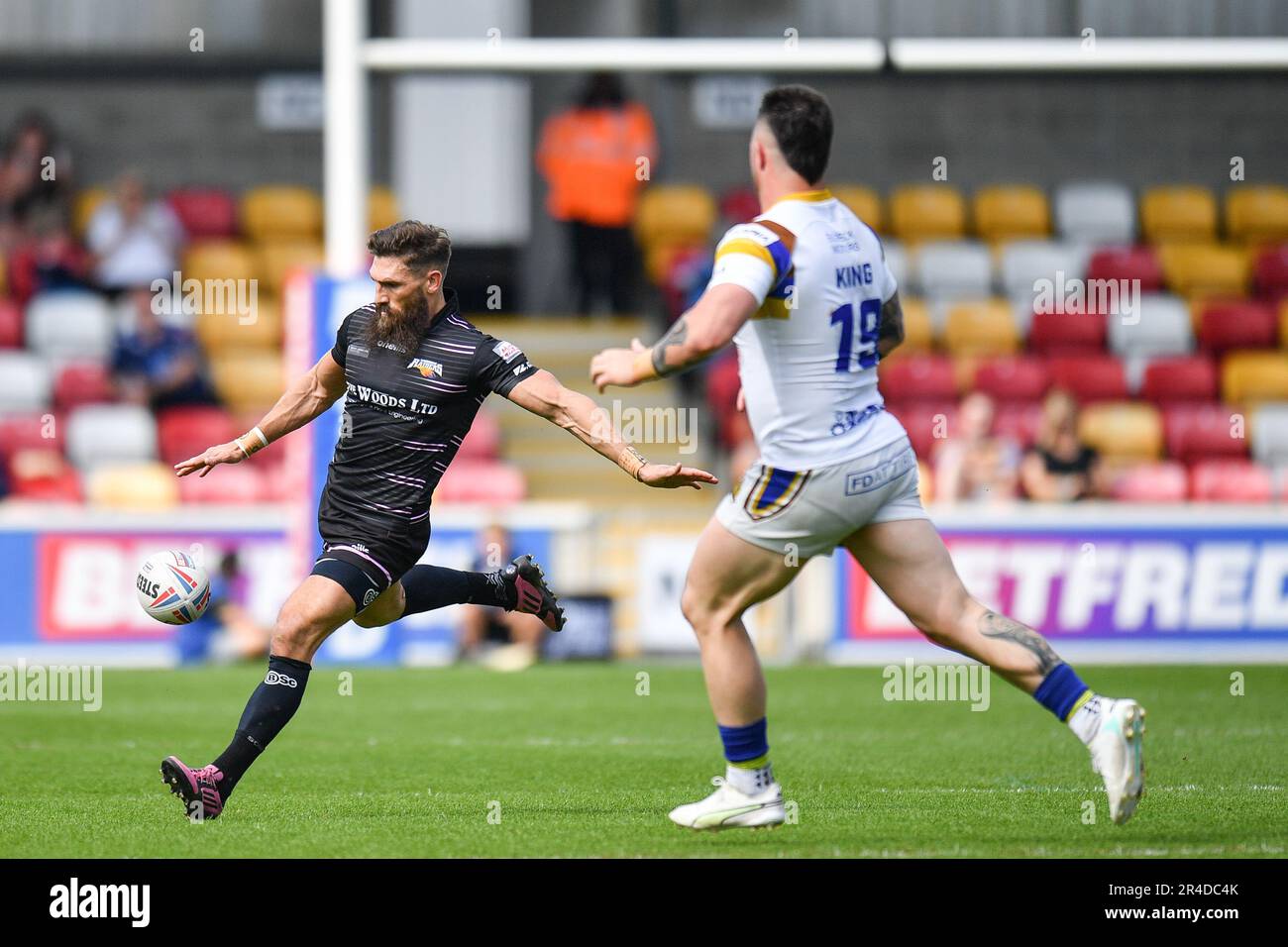 York, England - 26th May 2023 - Jarrod Sammut of Barrow Raiders kicks.  Rugby League Summer Bash, Whitehaven vs Barrow Raiders at LNER Community Stadium, York, UK Stock Photo