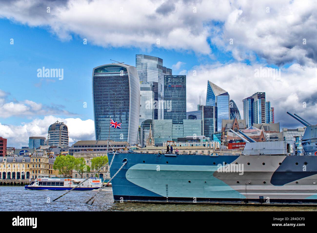 London River Thames HMS Belfast the Walkie Talkie Skyscraper Cheese Grater Scalpel and other tall buildings Stock Photo