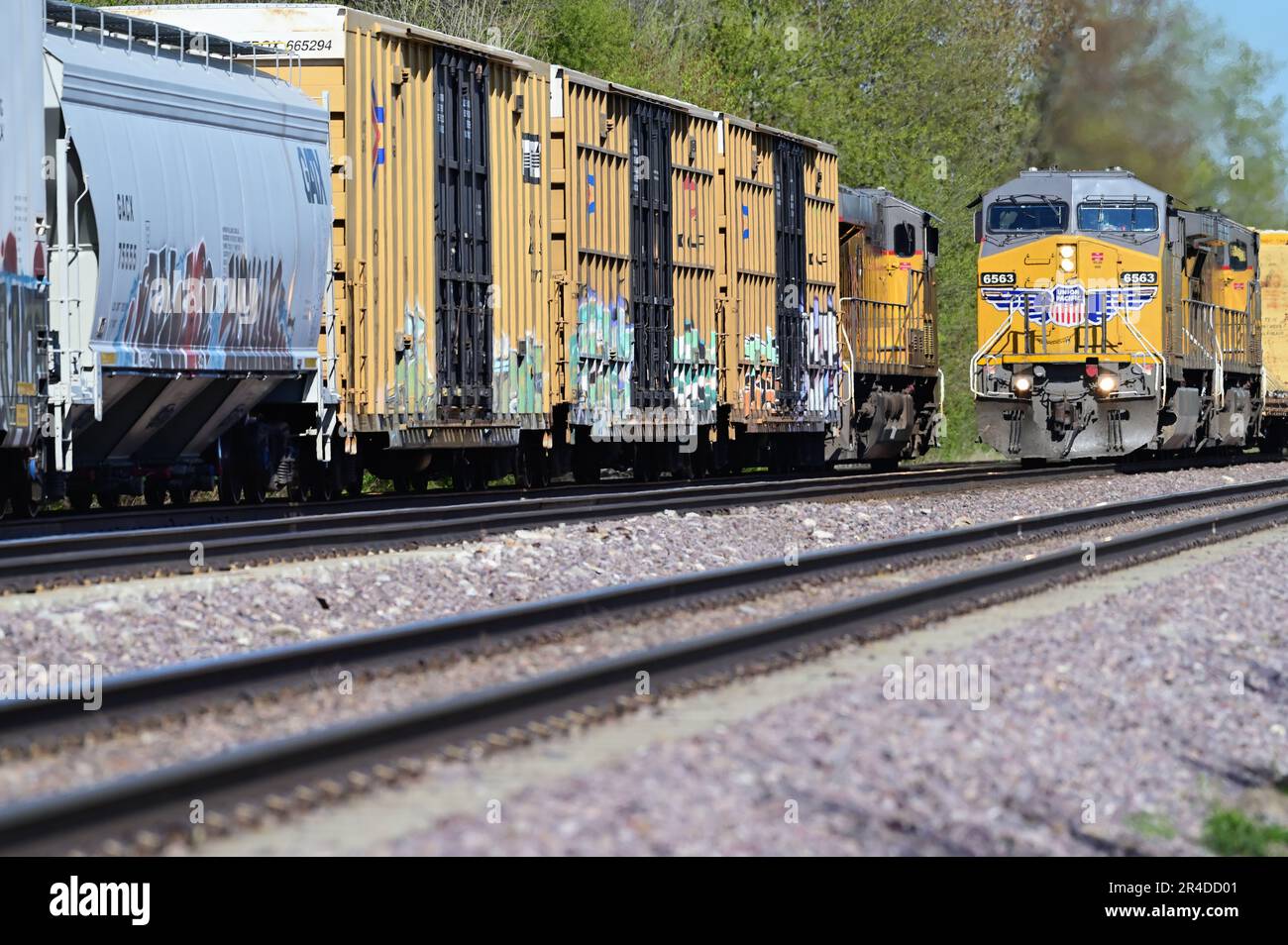 La Fox, Illinois, USA. Union Pacific Railroad freight trains passing in northeastern Illinois. Stock Photo