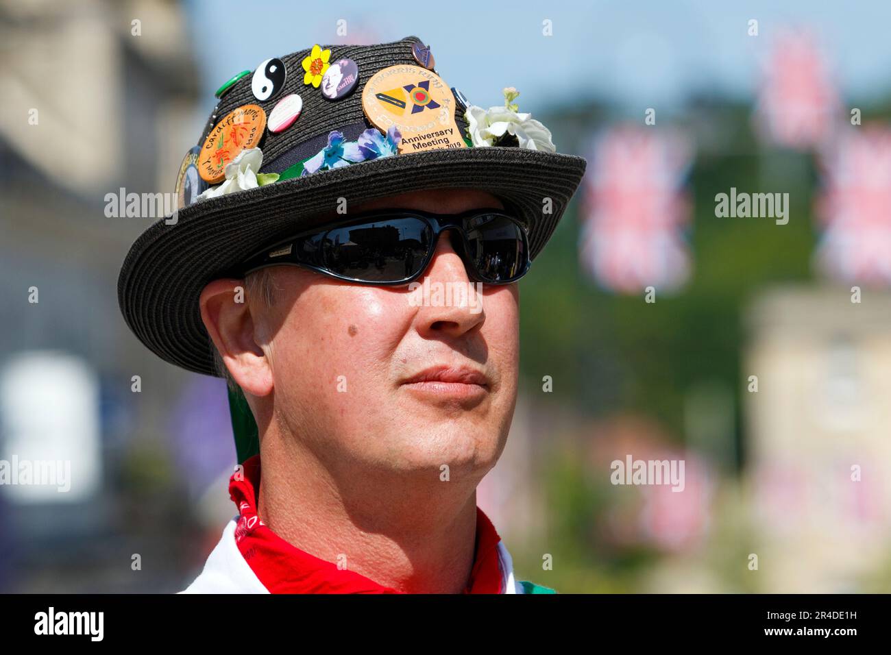 Chippenham, UK, 27th May, 2023. A morris dancer from the Alton Morris from Alton in Hampshire is pictured as he takes part in the opening day of the 2023 Chippenham folk festival. The 2023 festival is the festivals 50th Anniversary. Credit: Lynchpics/Alamy Live News Stock Photo