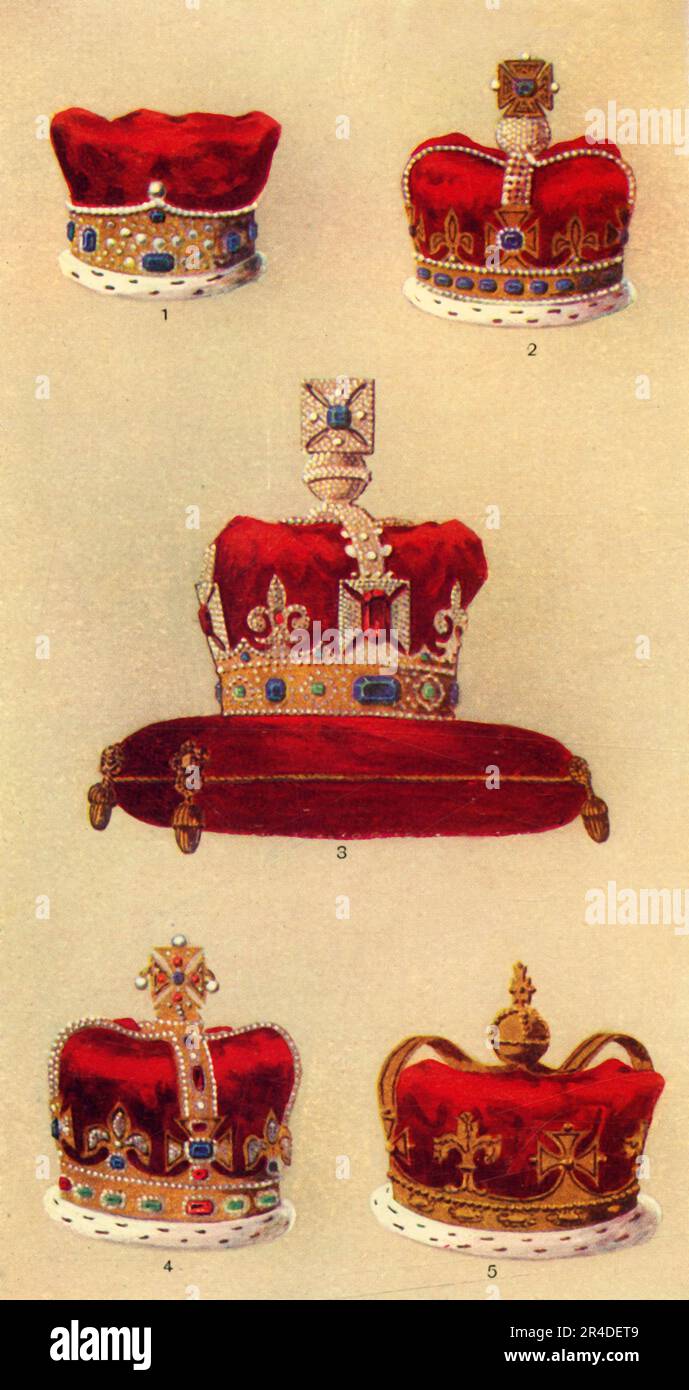'The Regalia. - 1', c1911. '1. Queen's Diadem; 2. Queen Consort's Crown; 3. The Imperial Crown; 4. Imperial Crown (Charles II); 5. Prince of Wales Crown'. From &quot;The Portrait Book of Our Kings and Queens 1066-1911&quot;, edited by T. Leman Hare. [T. C. &amp; E. C. Jack, London &amp; Edinburgh] Stock Photo