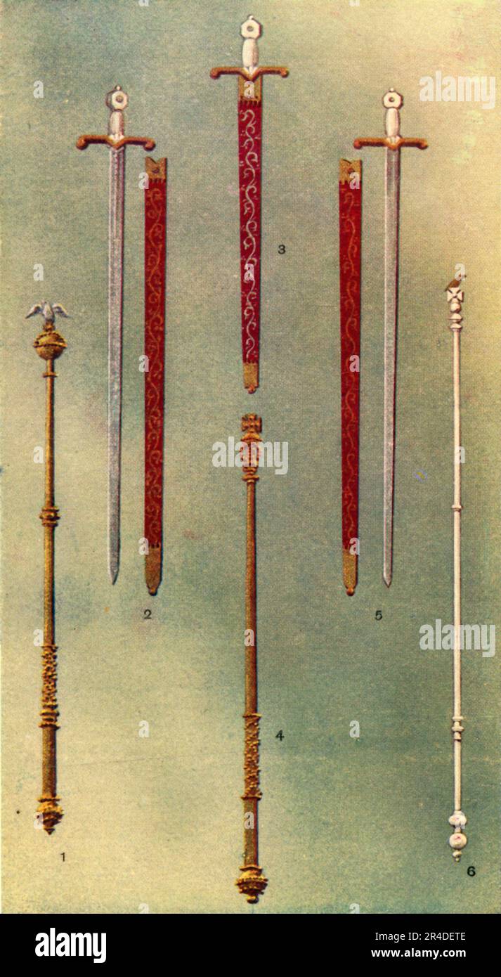 'The Regalia. - 3', c1911. '1. Spiritual Sceptre (William IV); 2. Temporal Sword of Justice; 3. Sword of Mercy (Sheathed); 4. Temporal Sceptre (William IV); 5. Sword of Spiritual Justice; 6. Ivory Sceptre (Anne Boleyn)'. 'The royal swords are thus named: Curtana, or the Sword of Mercy, sheathed; the Sword of Justice to the Spirituality, which is obtuse; the Sword of Justice to the Temporality, which is sharp at the point; and the Sword of State. Of these, the last alone is used in the Coronation, being that with which the Sovereign is girded after the anointing. The others are borne in the pro Stock Photo