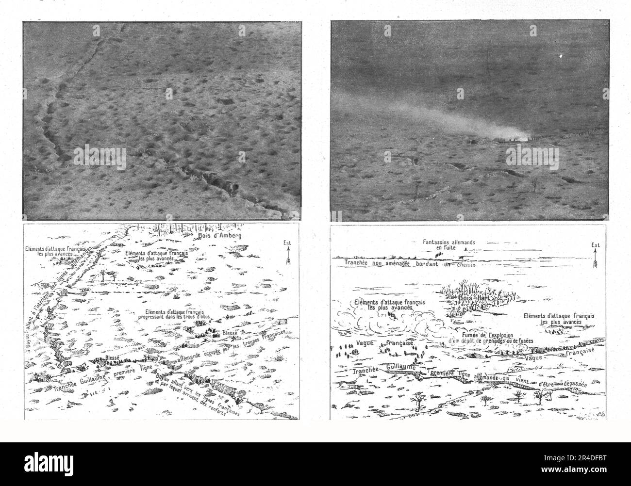 'Une attaque au Sud de la Somme vue d'un avion a cent cinquante metres d'altiude', 1916. From &quot;Collection de la Guerre IV. L'Illustration Tome CXLVIII. La Guerre Juillet, Aout, Septembre, Octobre, Novembre, Decembre 1916&quot;. (An attack south of the Somme seen from an airplane at an altitude of 150 metres). Stock Photo