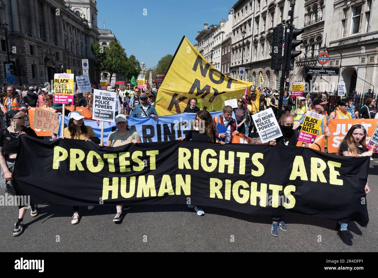 London, UK. 27 May, 2023. A coalition of groups march behind a banner saying 'Protest rights are human rights' at a demonstration against the Public Order Act. This new legislation has been criticised as having a 'chilling effect' on people in England and Wales seeking to exercise their legitimate democratic rights, and grants police and courts new and expanded powers to curb and punish protesters. Credit: Ron Fassbender/Alamy Live News Stock Photo