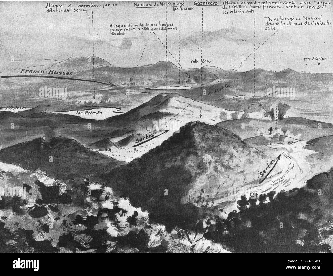 'Croquis panoramique de la bataille de Gornitchevo (12 - 14 septembre).', 1916. From &quot;Collection de la Guerre IV. L'Illustration Tome CXLVII. La Guerre Juillet, Aout, Septembre, Octobre, Novembre, Decembre 1916&quot;. Stock Photo