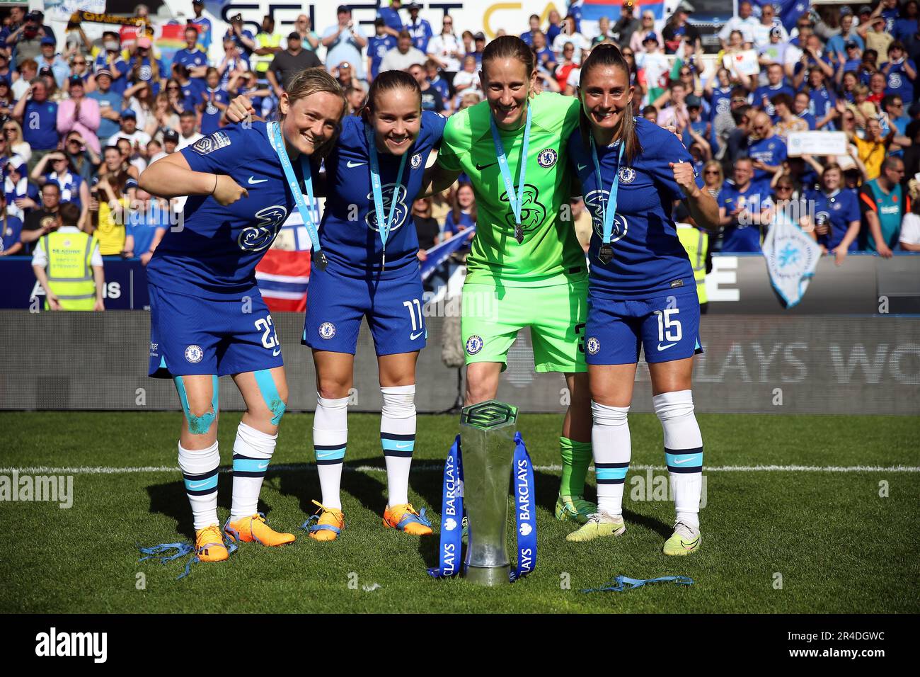 Chelsea’s Erin Cuthbert, Guro Reiten, goalkeeper AnnKatrin Berger and