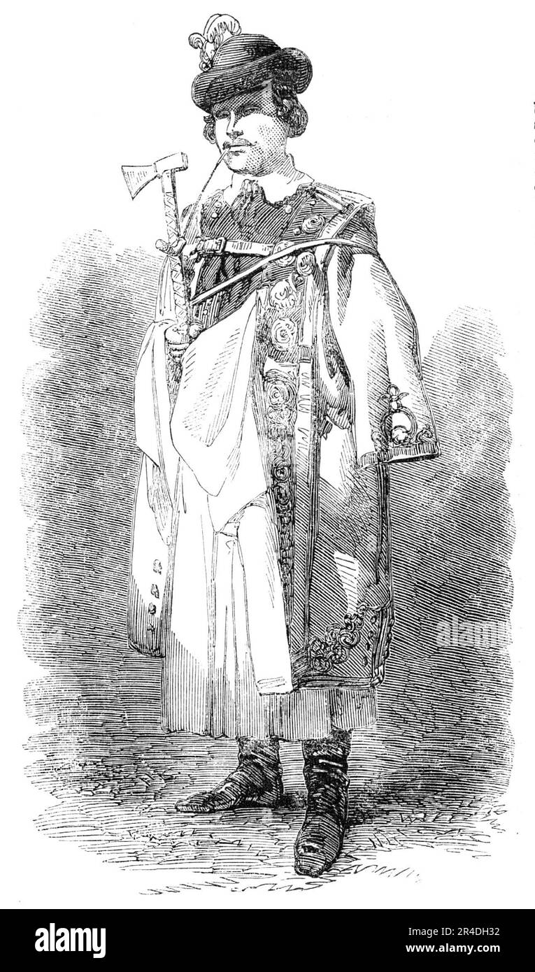 Hungarian Herdsman - from a photograph by Richebourg, 1856. 'The herdsman wore red trousers, and white embroidered blanket cloak; he carried across his shoulders a most elaborate whip and an axe in his hand. But these, I suspect, were the holiday dresses of the head servants of a princely, if not royal, domain'. From &quot;Illustrated London News&quot;, 1856. Stock Photo