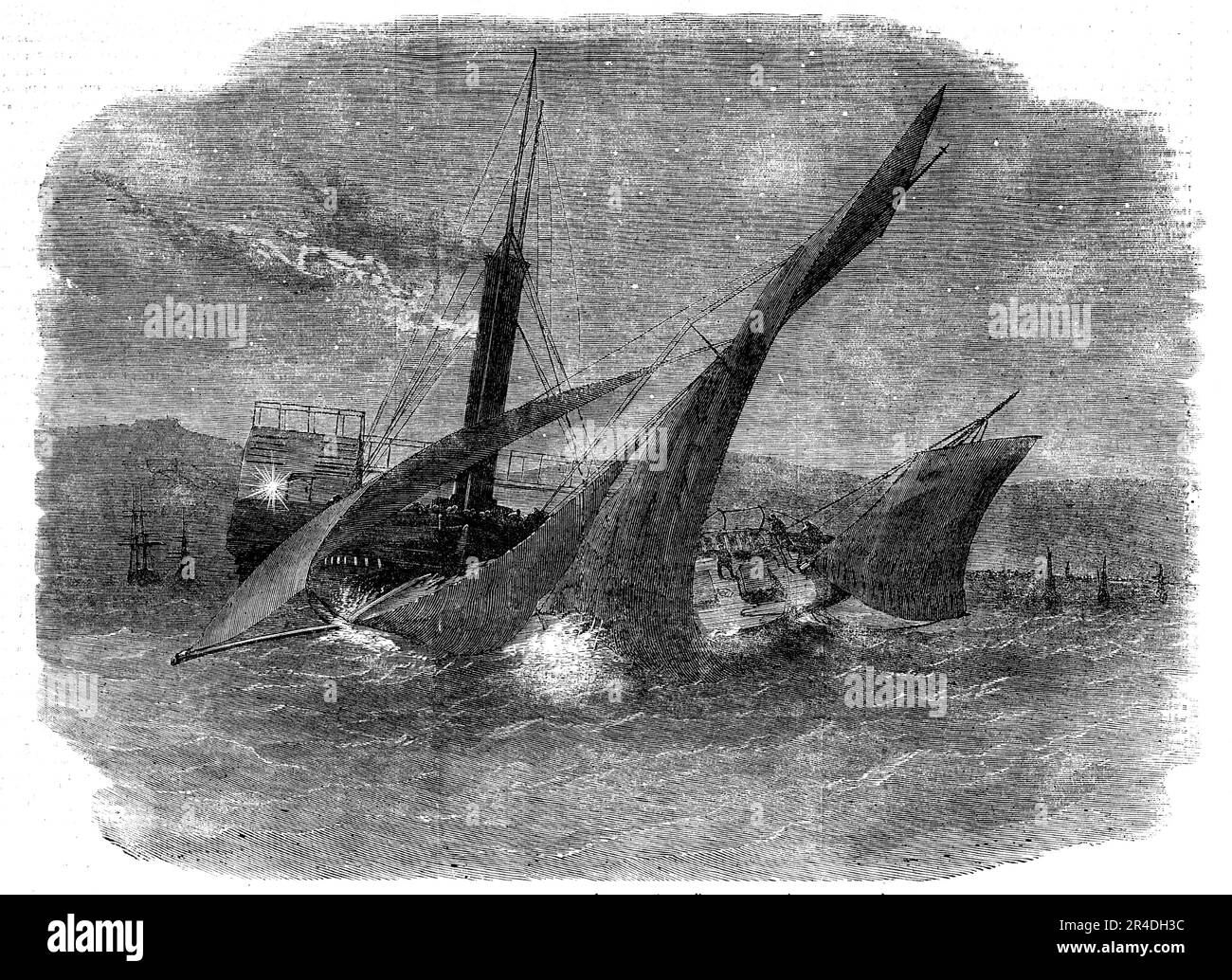 The Running Down of Lord Alfred Paget's Yacht &quot;Alma&quot; off Dover, 1856. Collision at sea. 'Lord Alfred Paget describes the loss of his yacht, and the narrow escape from drowning of his Lordship and her crew...I saw a steamer making straight for us at full speed. In about a couple of minutes she struck us in the starboard bow, causing the yacht to reel almost under water...Had any look-out been kept on board the steamer, on so lovely and calm a night, a vessel might easily have been seen two miles off...but I am sorry to say that in too many instances these vessels, going at the rate of Stock Photo