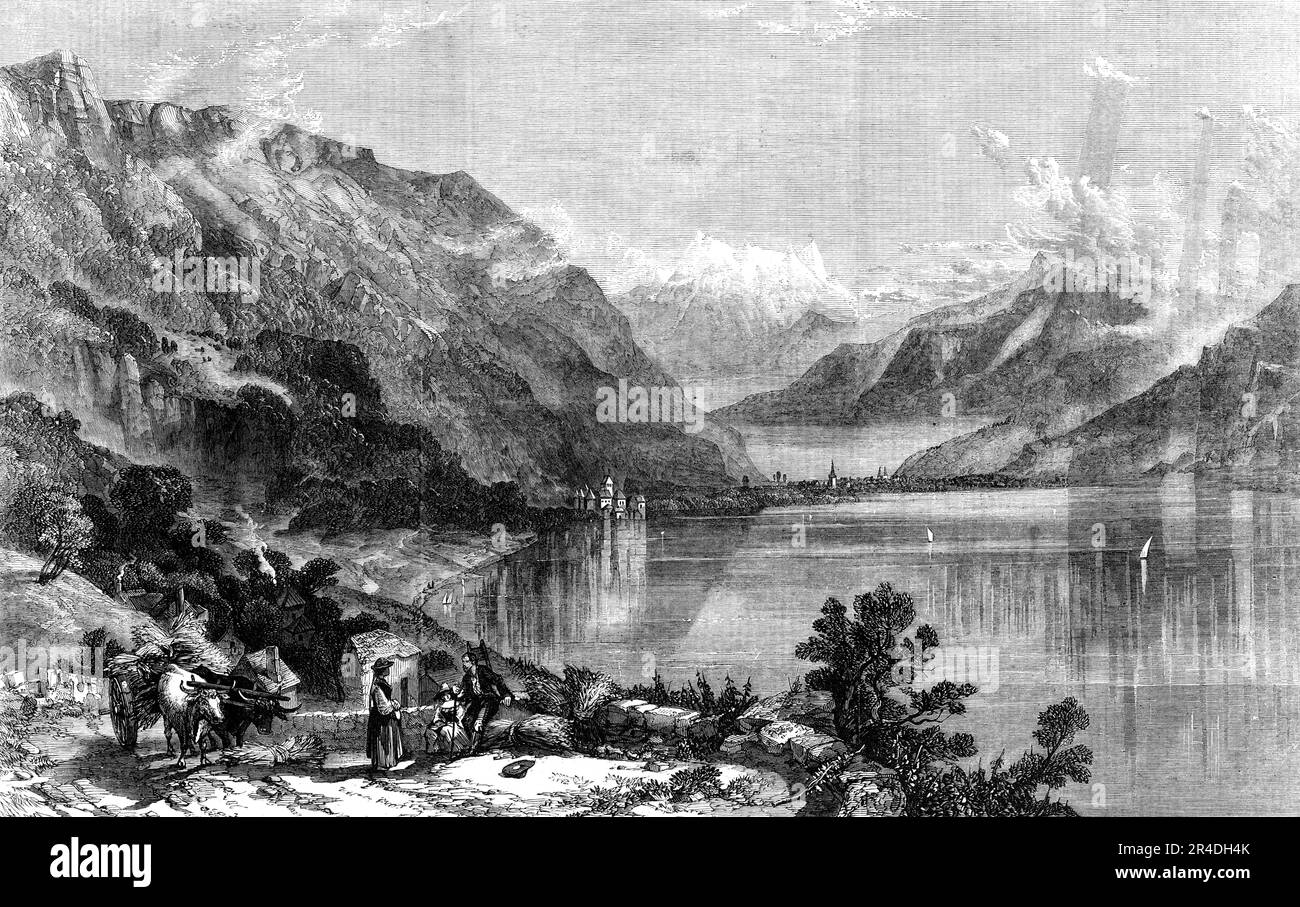 &quot;The Lake of Geneva&quot; - painted by W. Collingwood Smith - from the Exhibition of the Society of Painters in Water Colours, 1856. Engraving of a painting. 'Mr. Collingwood Smith had Byron before him when he sought to represent this celebrated water: &quot;Clear, placid, Leman! thy contrasted lake With the wide world I dwelt in is a thing Which warns me with its stillness to forsake Earth's troubled waters for a purer spring. Once I loved Torn ocean's roar; but thy soft murmuring Sounds sweet, as if a sister's voice reproved, That I with stern delight should once have been so moved&quot Stock Photo