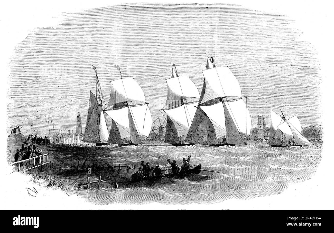 Boston Regatta, the Yachts starting for the Cup, 1856. Sailing race off the Lincolnshire coast. 'Red Rover [Mr. Bugg]... Waterwitch [Mr R Thorpe]...Fairy [Mr. W. H. Lewin (commodore]...Magic [Mr. C. Anderson (vice-commodore)]...At starting the Magic, having the windward side, was the first to take the lead, followed in quick succession by the Waterwitch and other yachts, the Red Rover bringing up the rear; this position she occupied while she was in the race, but at length her career was cut short by her running upon the Ants Sand, where she remained until the tide turned in the evening...Up t Stock Photo