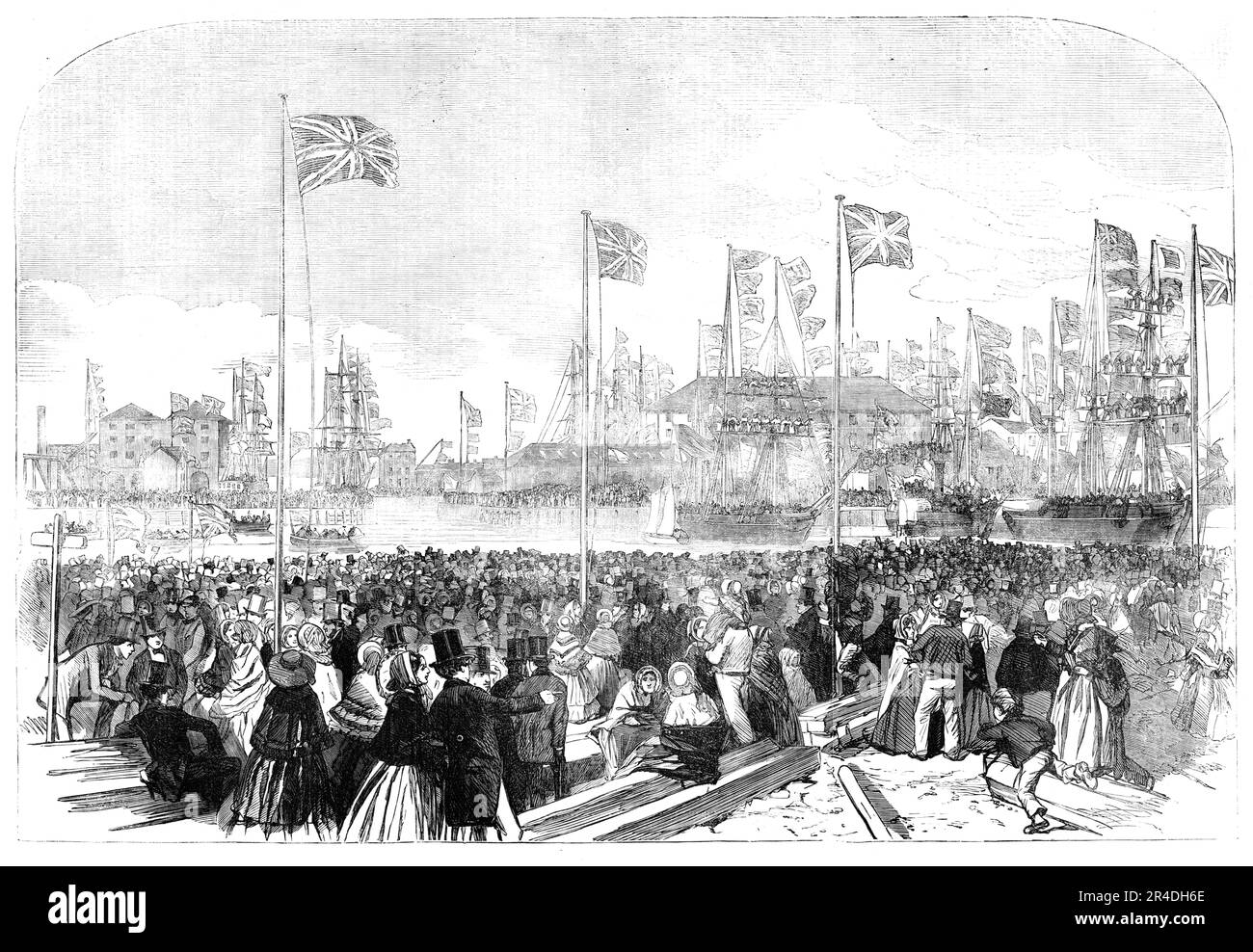 Opening of the New Docks at West Hartlepool, 1856. 'It was calculated by those accustomed to estimate numbers of people congregated together that 50,000 were present to witness the opening of [Swainson Dock]...Each [of the docks] is provided with large ship-building yards adjoining, which are complete with all requisite machinery and conveniences for extensive wood and iron ship-building...The return of peace with Russia will, no doubt, in due time, have its beneficial effect upon this undertaking; and attention has already been given to the early opening and development oi trade between West Stock Photo