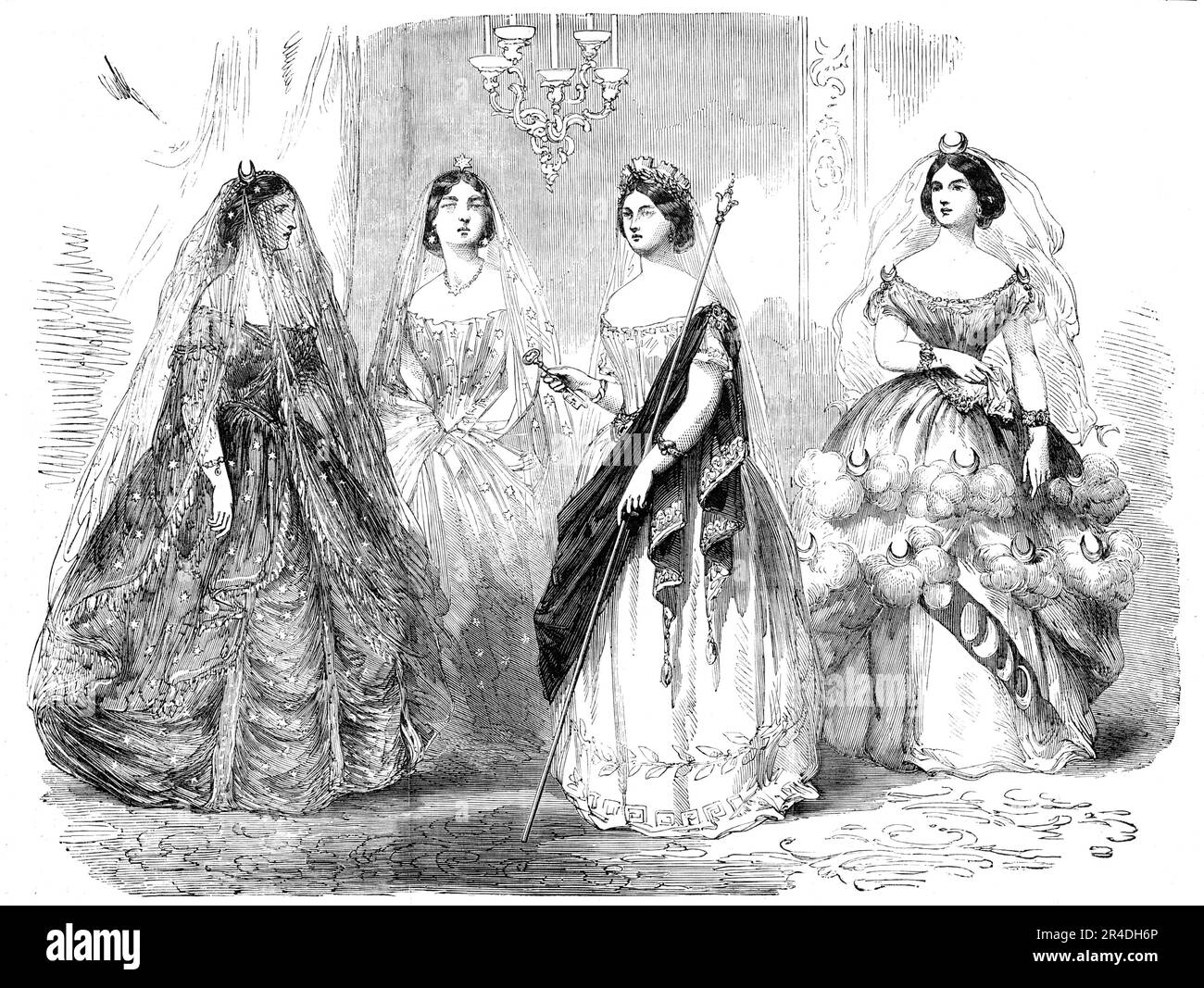 Costumes from the Fancy-Dress Ball, in Aid of the Royal Academy of Music, 1856. '...superb dresses worn by those members of the female aristocracy...The Countess of Jersey as &quot;Night&quot;: dress of dark blue over black, powdered with silver stars, and a veil of dark blue and silver...on her head a wreath of diamond stars; Lady Clementia Villiers, attendant star of &quot;Night&quot;:...a light blue tulle dress, spangled with silver stars, and a large diamond star on her forehead; The Duchess of Manchester as &quot;Cybele&quot;:...dress of the finest white barege de cachmere, embroidered wi Stock Photo