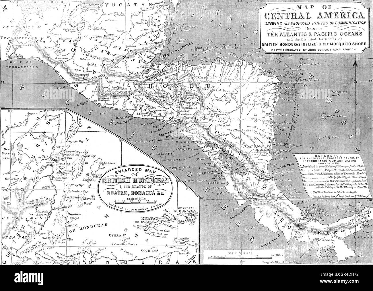 Map of Central America shewing the Proposed Routes of Communication between the Atlantic &amp; Pacific Oceans, 1856. '...and the Disputed Territories of British Honduras (Belize) &amp; the Mosquito Shore [with] Enlarged Map of British Honduras &amp; the Islands of Ruatan, Bonacca &amp;c...Reference for the several proposed routes of interoceanic communiciation: Proposed Canal by way of R. Sapoa...to Pacific Ocean...Railway [via] R. Lajas...to Port S. Juan...Canal from L. Managua to Port of Tamarinda...[Canal from L. Managua] to Realejo...by the Plain of Leon...[Canal from L. Managua] to Gulf o Stock Photo