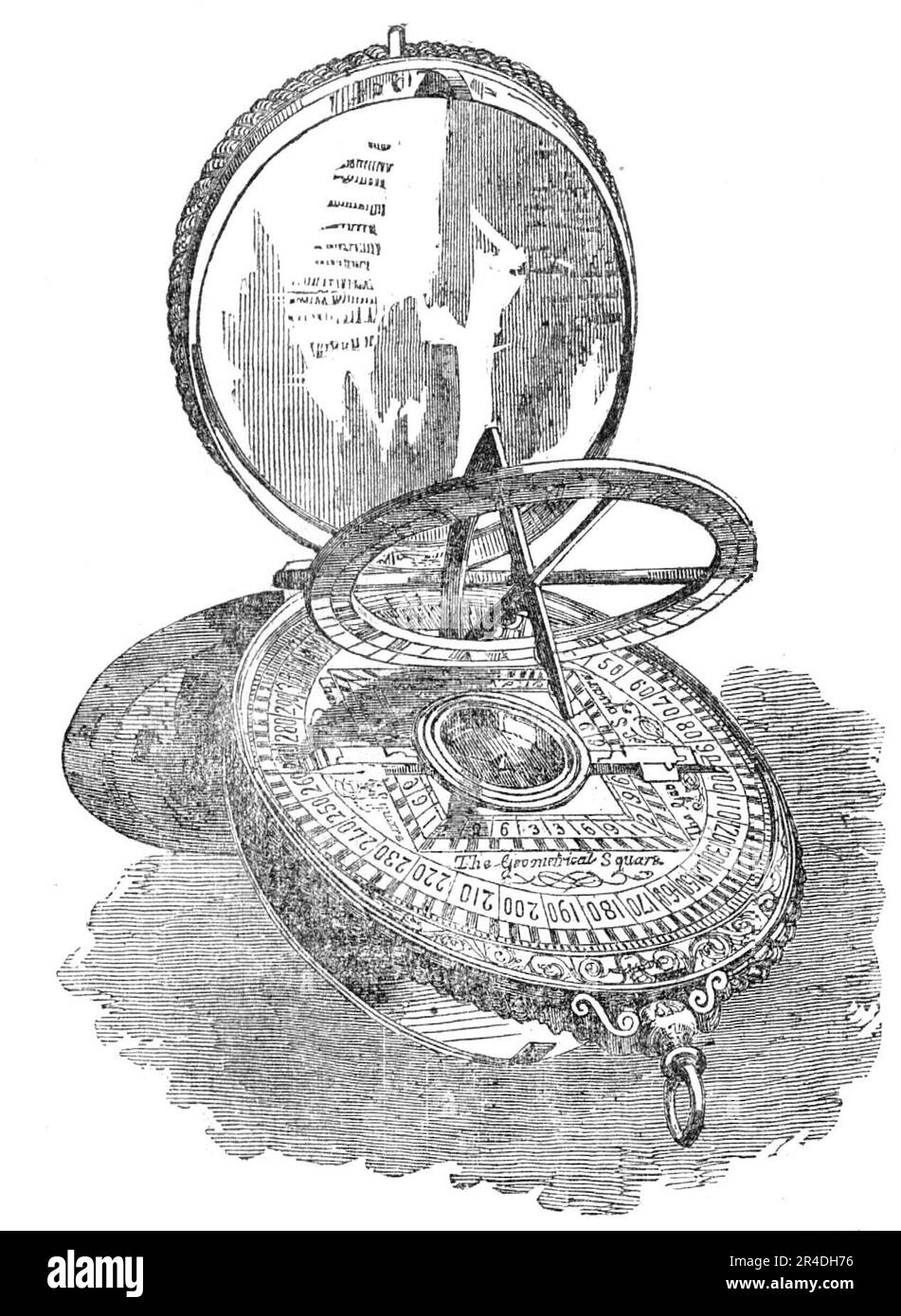 The Astrolabe of Sir Francis Drake, in Greenwich Hospital, 1856. '...instrument for taking the altitude of the sun or stars, once belonging to the famous Drake&#x2026;This instrument, constructed...prior to his first expedition to the West Indies in 1570, and subsequently preserved in a cabinet of antiquities belonging to the Stanhope family, was presented in 1783, by the Right Hon. Philip, fifth Earl of Chesterfield...to the Rev. Francis Bigsby...who had in the preceding year married the Hon. Frances Stanhope, widow, his Lordship's stepmother. In 1812 that gentleman, having ruptured a large b Stock Photo