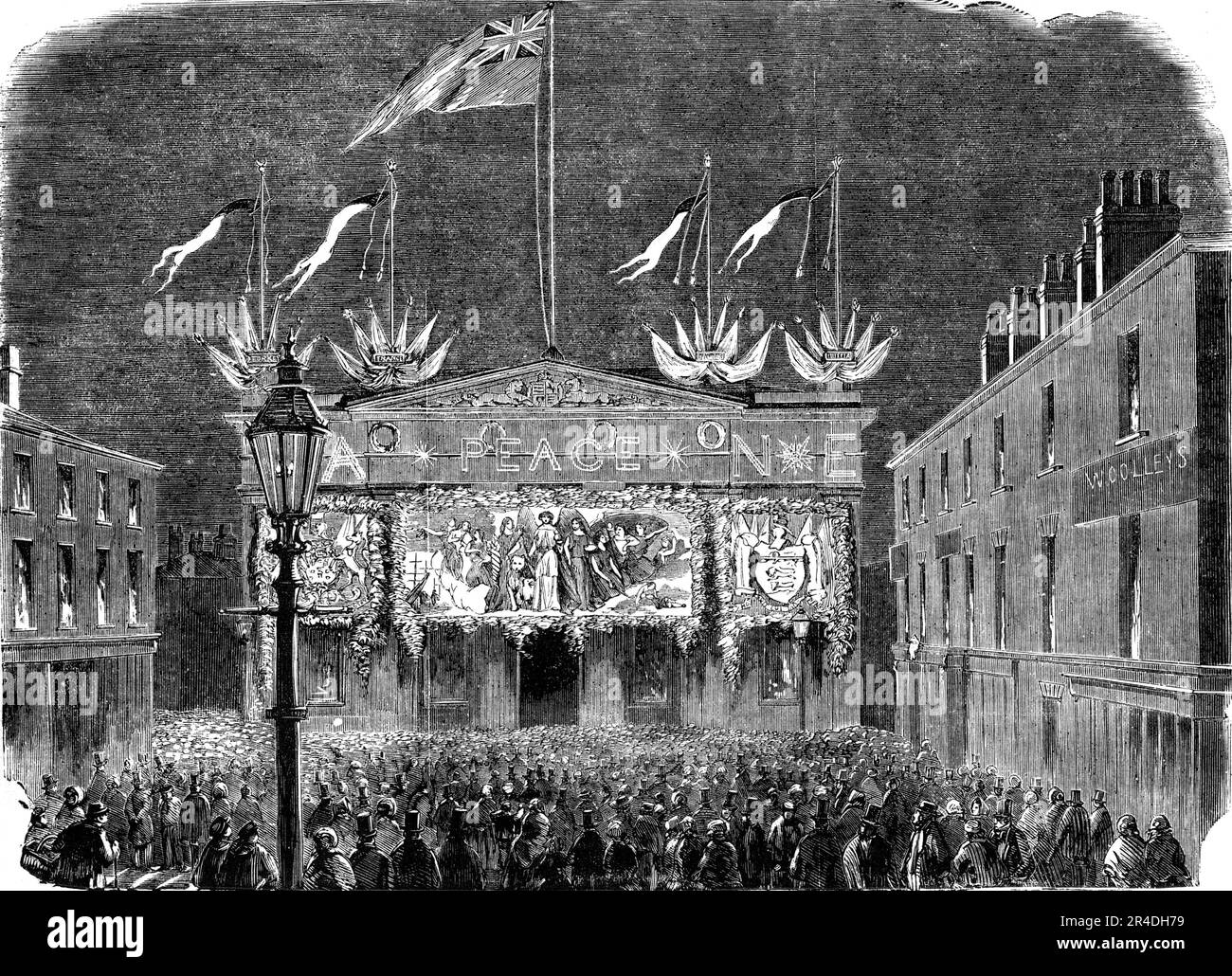 The Peace Commemoration at Salford - the Townhall, 1856. Celebrating the end of the Crimean War - crowds marvel at a '...painting, 36 ft. by 14 ft....In its centre stands Peace...All the figures are well drawn, the drapery being painted in light and brilliant colours for the purpose of showing well by gaslight...upon the frieze &quot;Peace&quot; is displayed in large letters formed by gas jets...[with] the initials &quot;V.A.&quot; and &quot;N.E.&quot; all in large letters, and lighted by gas...The paintings were designed and executed by Mr. H. C. Whaite...The gas devices and arrangements...we Stock Photo