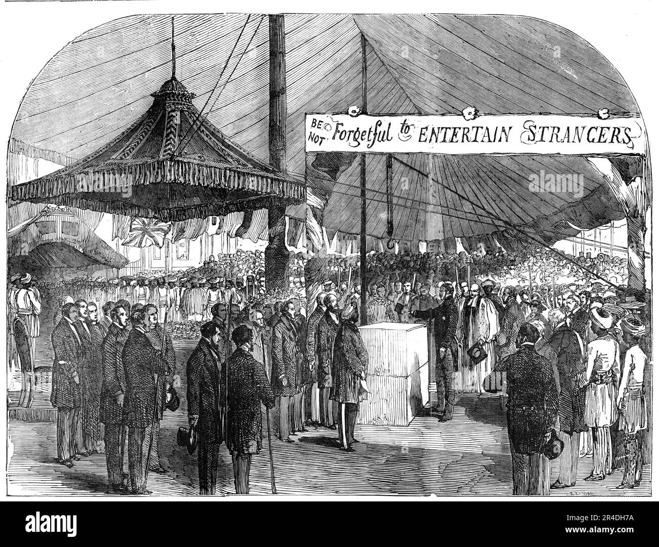 His Royal Highness Prince Albert laying the Foundation-Stone of the Strangers' Home, near Limehouse Church, 1856. Founding of a building '...affording all the comforts and advantages of a home to natives of India, Arabia, Africa, China, the Straits of Malacca, the Mozambique, and the Islands of the South Pacific, who may require them during their temporary sojourn in London. [It would address the] utterly wretched condition of many of the Lascar seamen and others from kindred climes - friendless, homeless, and destitute - in a country far distant from their own, speaking a language altogether Stock Photo