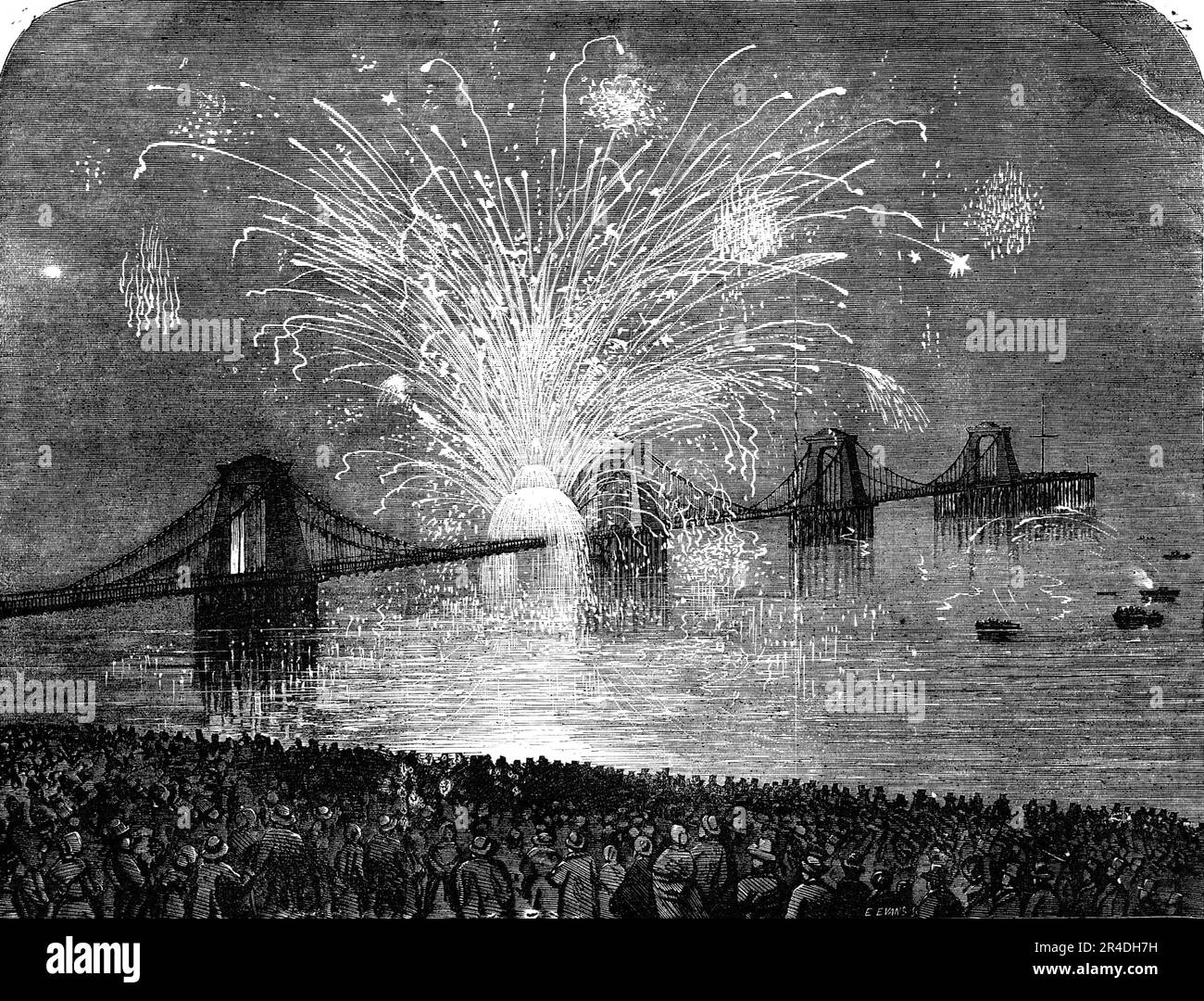 The Peace Commemoration at Brighton - Fireworks on the Chain Pier, 1856. Report in the &quot;Brighton Herald&quot; newspaper of celebrations marking the end of the Crimean War. '...signal rockets were seen in the air, the noise of reports could be heard, and there was a tremendous rush to the cliffs, which, together with the beach, were in a short time covered with people. The fireworks on the Pier were prepared by Southby, the experienced London pyrotechnist. The fixed pieces were very beautiful. The opinion was general that nothing superior of the kind had been seen in Brighton. By a very pr Stock Photo