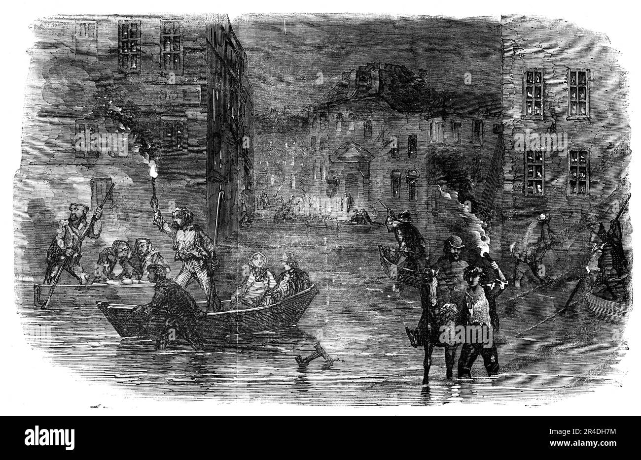 The Inundation at Lyons, 1856. Flooding in France. '...upwards of 10,000 men, women, and children are by this catastrophe thrown out of work, and not only so, but they are without house or home, and too probably without bread...A number of bridges have been carried away, and the railway has been intercepted at various points...One house, two stories high, and built apparently with great solidity, was thrown down, and six persons who were in it at the time perished...The Lyons journals of Saturday state that since the previous evening rain had fallen heavily, but the Saone [river] had not risen Stock Photo