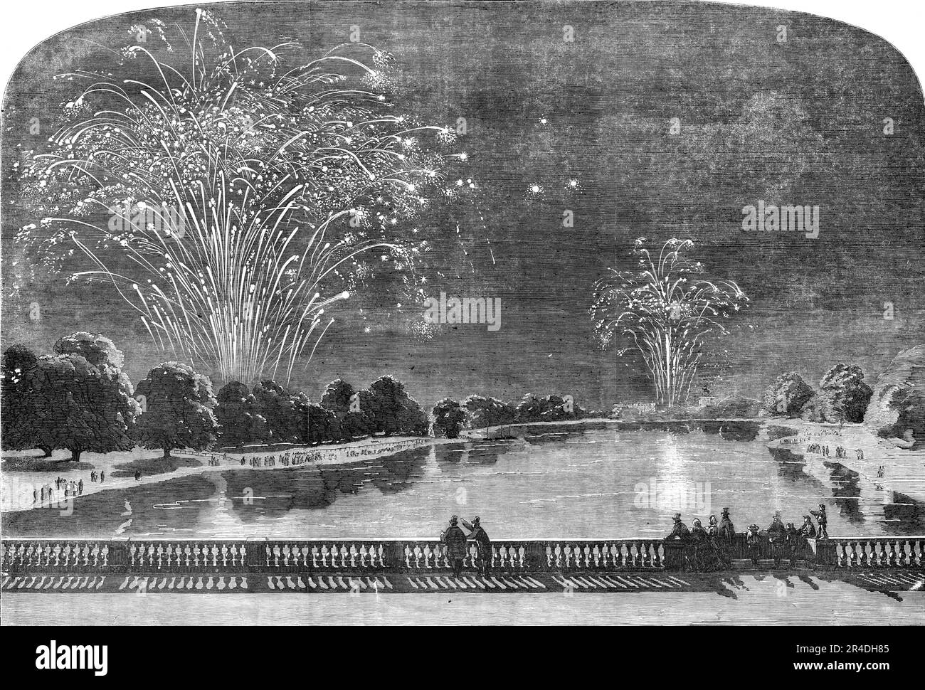 The Peace Commemoration - the Fireworks in Hyde-Park and the Green-Park, sketched from Kensington-Gardens, [London], 1856. Celebrating the end of the Crimean War. [The display] '...comprised almost everything that is either new, curious, or beautiful in pyrotechny...The stars, hoops, and crosses elicited the most enthusiastic expressions of delight...Those rockets which, exploding in the air, threw out clusters of coloured stars were also much admired; while loud cheering arose from all sides when a number of shells, discharged together, burst far above the heads of the spectators, changing in Stock Photo