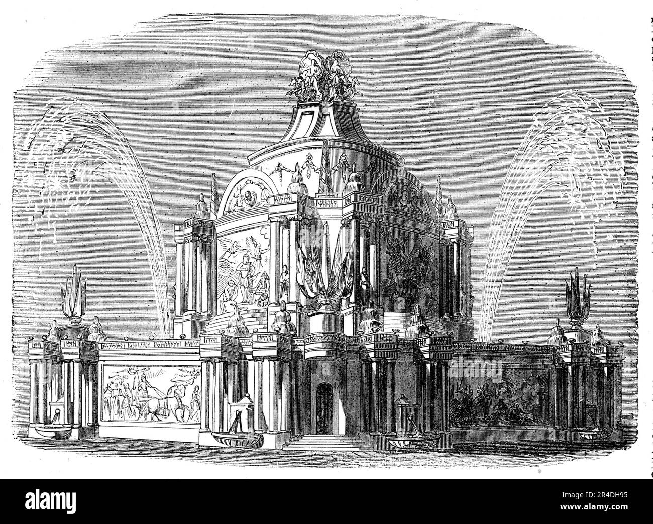 Peace Commemoration, 1814 - Temple of Concord in the Green-Park, [London], 1856. Commemoration of the Treaty of Aix-la-Chapelle, (18 October 1748). The treaty was negotiated largely by Britain and France, with the other powers following their lead, and marked the ending the War of the Austrian Succession (1740-48). From &quot;Illustrated London News&quot;, 1856. Stock Photo