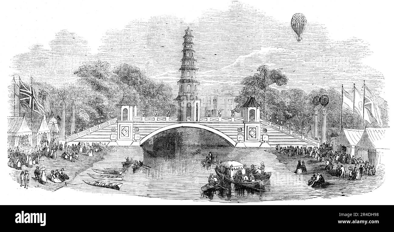 Peace Commemoration, 1814 - Chinese Pagoda and Bridge, in St. James's-Park, [London], 1856. Commemoration of the Treaty of Aix-la-Chapelle, (18 October 1748). The treaty was negotiated largely by Britain and France, with the other powers following their lead, and marked the ending the War of the Austrian Succession (1740-48). From &quot;Illustrated London News&quot;, 1856. Stock Photo