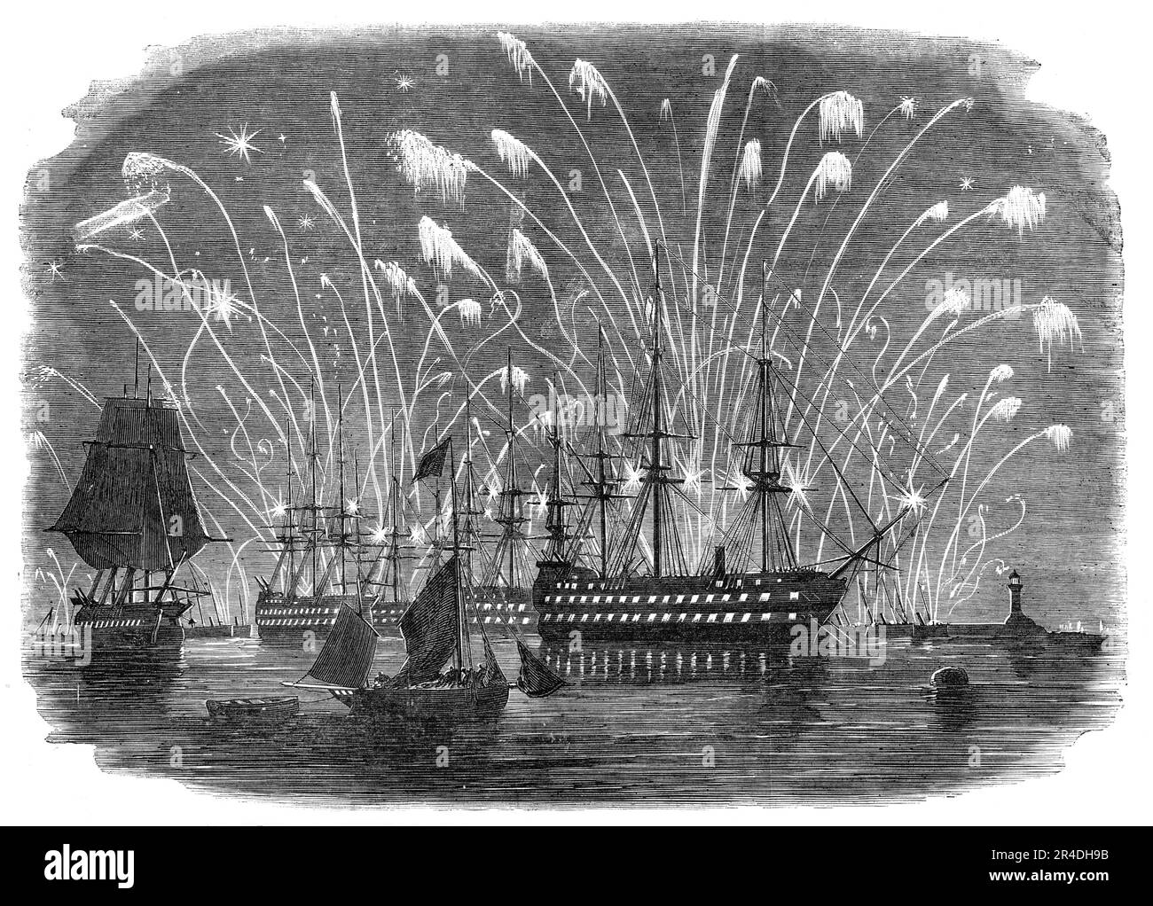 The Peace Commemoration at Plymouth - Rockets and General Illumination of the Fleet in the Sound - from a sketch by H. A. Luscombe, 1856. Celebrating the end of the Crimean War: '...it was determined that there should be a public display of fireworks on the Plymouth Hoe... there could not have been less than 60,000 or 70,000 persons present...the whole of the ships and gun-boats in the Sound and harbour were lighted up as if by magic, and the effect was of the most gorgeous description...The portholes were all lighted up, and blue lights were burnt at the fore, main, and cross jack yard-arms.. Stock Photo
