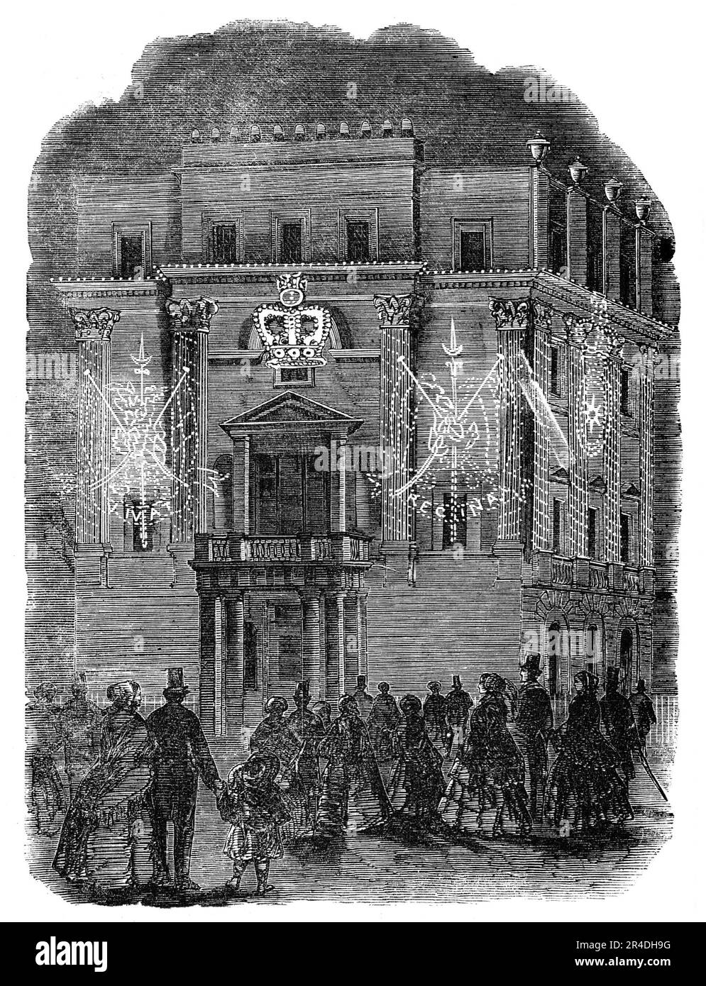 The Peace Illumination - Right Hon. Lord Panmure's (Minister-at-War), Belgrave-Square, 1856. London celebrations to mark the end of the Crimean War. 'It was necessary that the people should share, or appear to share, in the joy felt by the official mind that diplomacy had put an end to that very inconvenient and very troublesome war in which Great Britain was incurring such large expense, and reaping such small satisfaction...it was resolved to celebrate the auspicious birthday of the Queen and the inauspicious Treaty of Peace on the same evening...the illuminations that are customary to expre Stock Photo