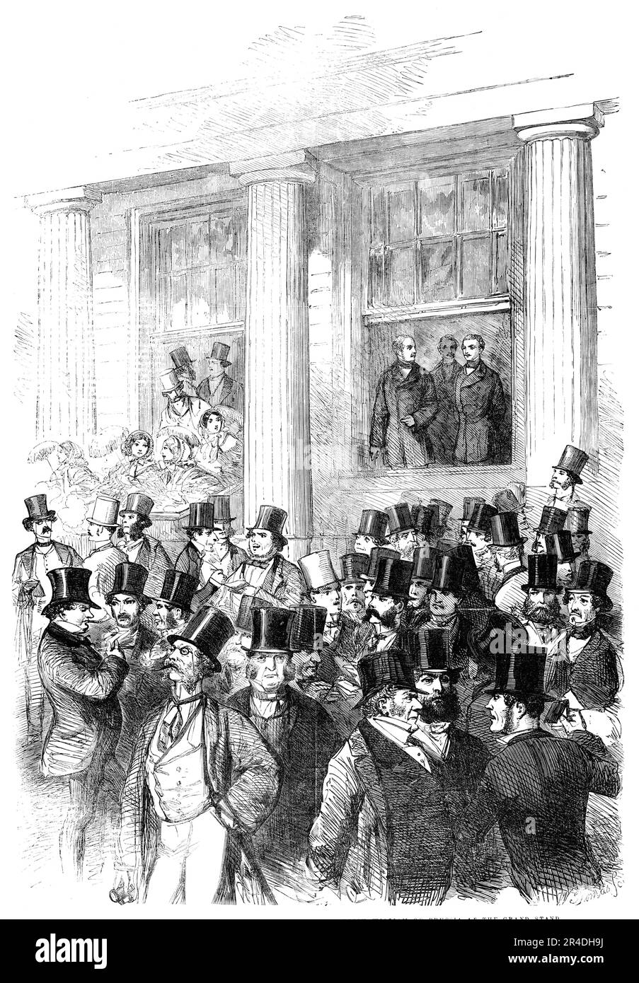 Epsom Races - H.R.H. Prince Albert and H.R.H. Prince Frederick William of Prussia at the Grand Stand, 1856. 'Although there was no cheering there was no lack of curiosity to obtain a glimpse of the future husband of the eldest daughter of our beloved Queen. The Royal visitors appeared to take great interest in the race for the Derby; but perhaps what astonished them the most was the excitement of the Betting Ring, and the extraordinary coup-d'oeil presented by the immense numbers on the ground, amongst whom the utmost order everywhere prevailed. They left the course immediately after the great Stock Photo