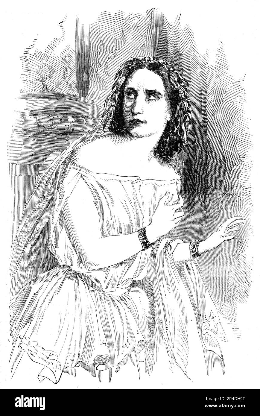 Madame Ristori, at the Lyceum Theatre, 1856. Italian actress in London stage production. 'She...has the advantage of youth and superior beauty. Lamartine, indeed, describes her as &quot;naturally and mentally beautiful;&quot; to which an English critic adds - &quot;a tall commanding figure, features cast in the finest mould of classic beauty, a deep blue eye, so expressive as scarcely to require the aid of a voice which, without being loud, seems to have every feeling and passion upon its scale&quot;. Such are Nature's gifts to Madame Ristori for the theatre. The English public, however, have Stock Photo