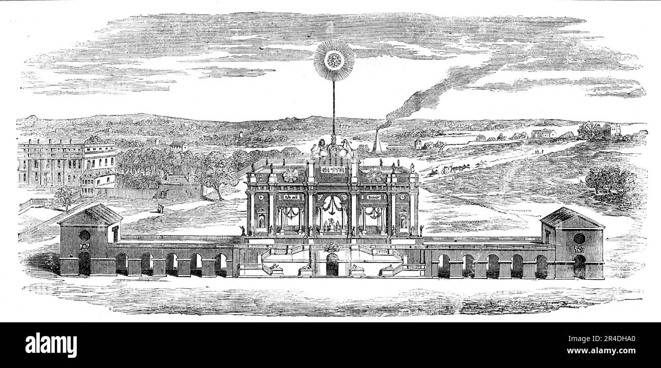 Temple erected for the Display of Fireworks in the Green-Park, [in London], to Celebrate the Peace of Aix-La-Chapelle, 1856. Commemoration of the Treaty of Aix-la-Chapelle, (18 October 1748). The treaty was negotiated largely by Britain and France, with the other powers following their lead, and marked the ending the War of the Austrian Succession (1740-48). From &quot;Illustrated London News&quot;, 1856. Stock Photo