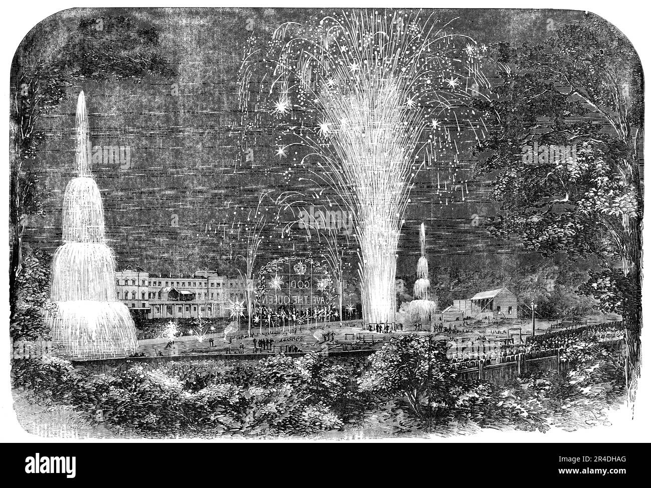 The Peace Commemoration at Lynn - the Fireworks in the Green-Park: the Grand Finale, 1856. Celebrating the end of the Crimean War in Norfolk: '...a display of fireworks on the Tuesday market-place'. The words &quot;God Save the Queen&quot; can be seen in lights. From &quot;Illustrated London News&quot;, 1856. Stock Photo