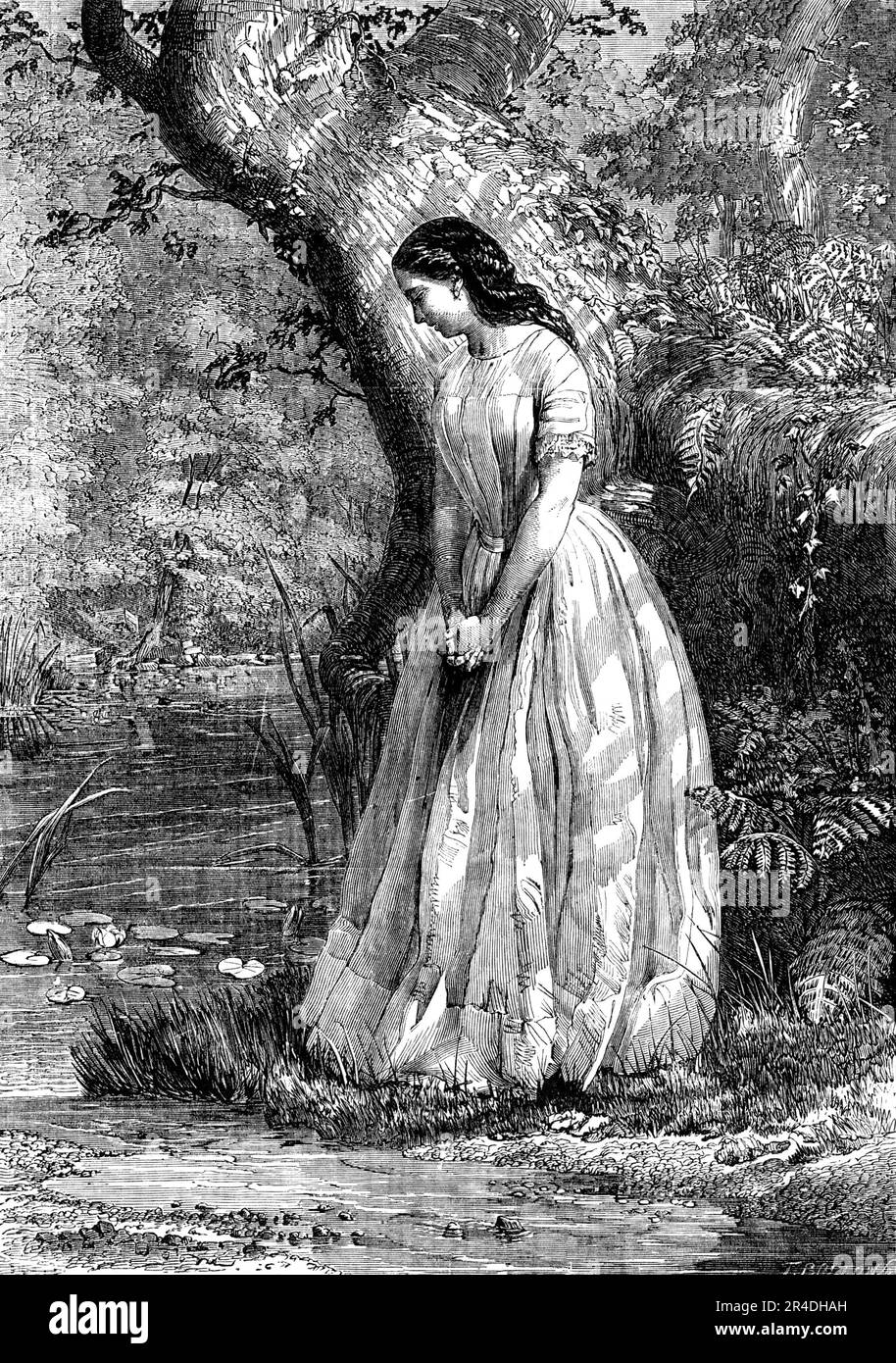 &quot;Maidenhood&quot; - painted by G. E. Hicks - from the Exhibition of the Royal Academy, 1856. Engraving of a painting. '&quot;Standing with reluctant feet, Where the brook and river meet, Womanhood and childhood fleet. Gazing with a timid glance On the brooklet's swift advance, On the river's broad expanse. Deep and still, that gliding stream Beautiful to thee must seem, As the river of a dream&quot;. So sings Mr. Longfellow, and so Mr. Hicks has not unsuccessfully sought to embody'. From &quot;Illustrated London News&quot;, 1856. Stock Photo