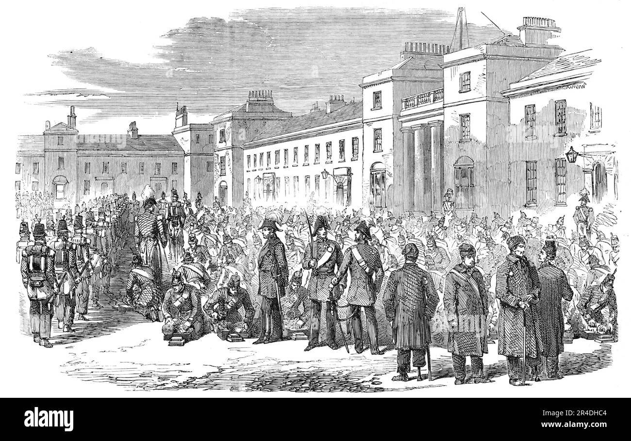 Inspection of the Royal Sappers and Miners at Brompton Barracks, Chatham, by Sir John Burgoyne, 1856. 'More than ordinary interest attached to the occasion, from the presence of Lieutenant-General Sir John Burgoyne, G.C.B., R.E., Inspector-General of Fortifications, who directed in person the military evolutions of the day. After reviewing the troops on the lines above St. Mary's, the whole of the Royal Corps of Engineers were paraded in the Barrack-square, Brompton; when their kits and accoutrements underwent a minute inspection by the gallant General, attended by his staff, Colonel Savage, a Stock Photo