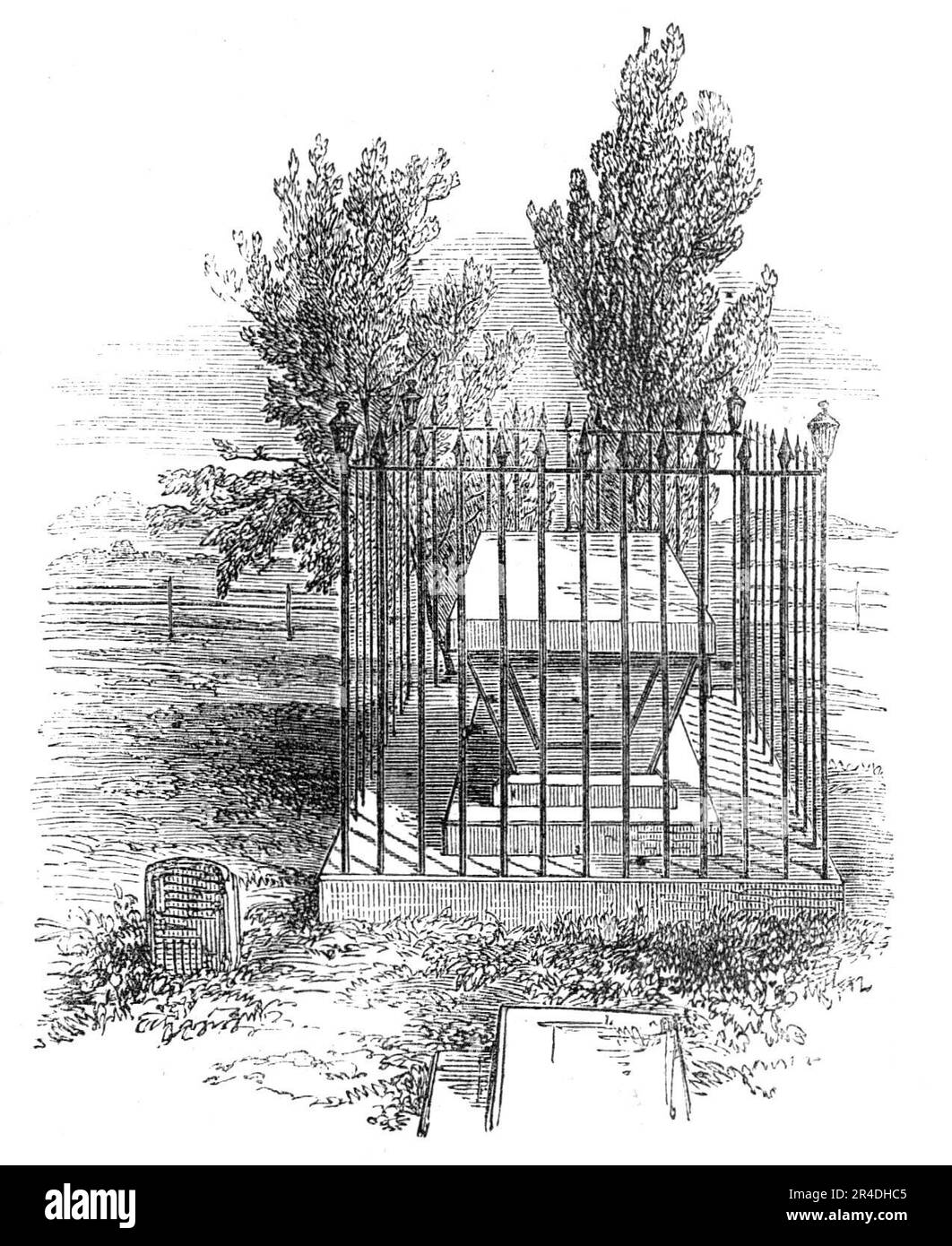 Family Grave of the Palmers, at Rugeley, 1856. English doctor William Palmer, also known as the Rugeley Poisoner or the Prince of Poisoners, was found guilty of murder in one of the most notorious cases of the 19th century. Palmer got into debt through gambling on horse races, and took out life insurance policies on his wife and brother Walter. His friend John Parsons Cook became ill after drinking gin which Palmer had poisoned with strychnine. Palmer was arrested on the charge of murder and forgery - Palmer had been forging his mother's signature to defraud her - was tried at the Old Bailey i Stock Photo