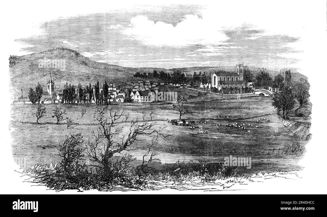 Rugeley - sketched from the Railway, 1856. English doctor William Palmer, also known as the Rugeley Poisoner or the Prince of Poisoners, was found guilty of murder in one of the most notorious cases of the 19th century. Palmer got into debt through gambling on horse races, and took out life insurance policies on his wife and brother Walter. His friend John Parsons Cook became ill after drinking gin which Palmer had poisoned with strychnine. Palmer was arrested on the charge of murder and forgery - Palmer had been forging his mother's signature to defraud her - was tried at the Old Bailey in Lo Stock Photo