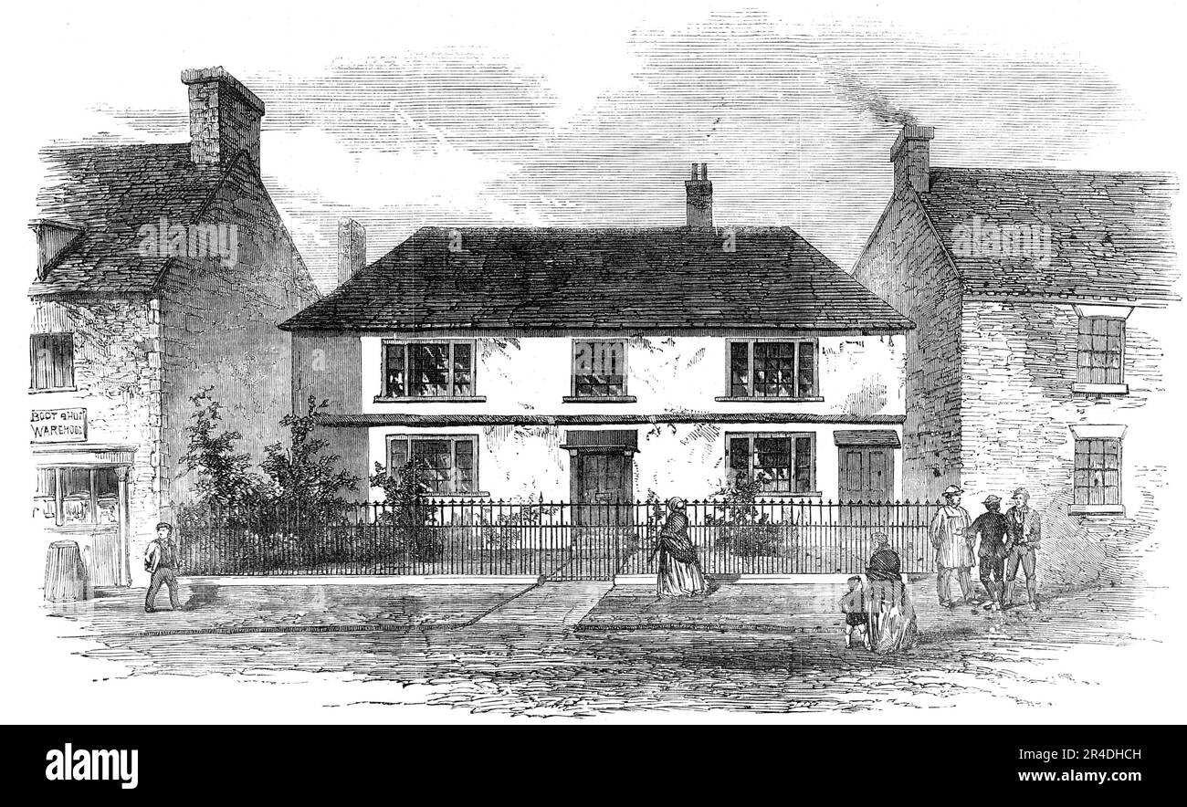 Residence of William Palmer, at Rugeley, 1856. English doctor William Palmer, also known as the Rugeley Poisoner or the Prince of Poisoners, was found guilty of murder in one of the most notorious cases of the 19th century. Palmer got into debt through gambling on horse races, and took out life insurance policies on his wife and brother Walter. His friend John Parsons Cook became ill after drinking gin which Palmer had poisoned with strychnine. Palmer was arrested on the charge of murder and forgery - Palmer had been forging his mother's signature to defraud her - was tried at the Old Bailey i Stock Photo