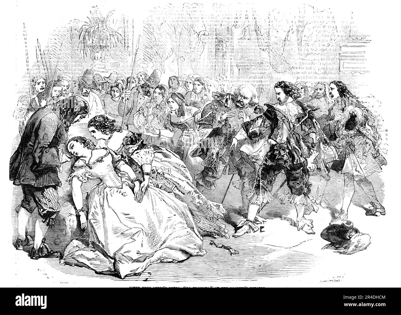 Scene from Verdi's Opera, &quot;La Traviata&quot;, at Her Majesty's Theatre, 1856. Opera singer Marietta Piccolomini was '...Descended from one of the most ancient and most illustrious patrician families of Rome...this gifted girl, urged on by an invincible impulse - with that confidence of success which is so often the companion of real genius - cast aside all the prerogatives of her high station, and, despite the tears and the entreaties of her noble relations of the houses of the Piccolomini and the Amalfi, she made her debut...Her success has been most brilliant. Her voice is exquisitely s Stock Photo