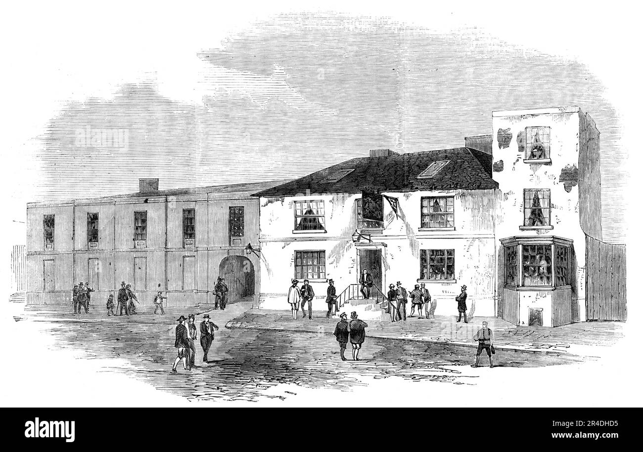 The Talbot Arms Inn, Rugeley, 1856., 1856. English doctor William Palmer, also known as the Rugeley Poisoner or the Prince of Poisoners, was found guilty of murder in one of the most notorious cases of the 19th century. Palmer got into debt through gambling on horse races, and took out life insurance policies on his wife and brother Walter. His friend John Parsons Cook became ill after drinking gin which Palmer had poisoned with strychnine. Palmer was arrested on the charge of murder and forgery - Palmer had been forging his mother's signature to defraud her - was tried at the Old Bailey in Lo Stock Photo