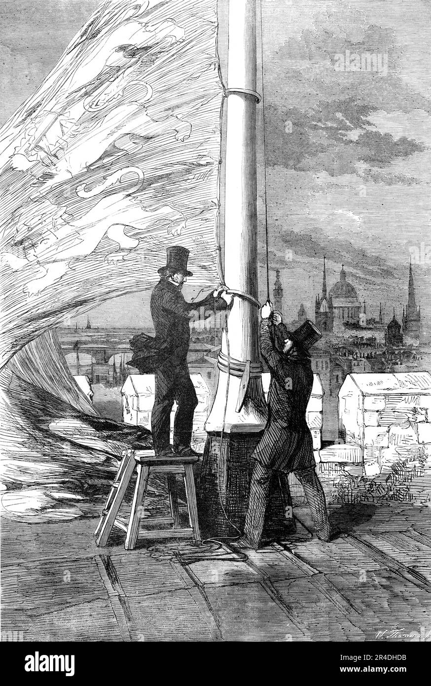 The Peace Rejoicings - Hoisting the Royal Standard at the Tower of London, 1856. Celebrating the end of the Crimean War. From &quot;Illustrated London News&quot;, 1856. Stock Photo