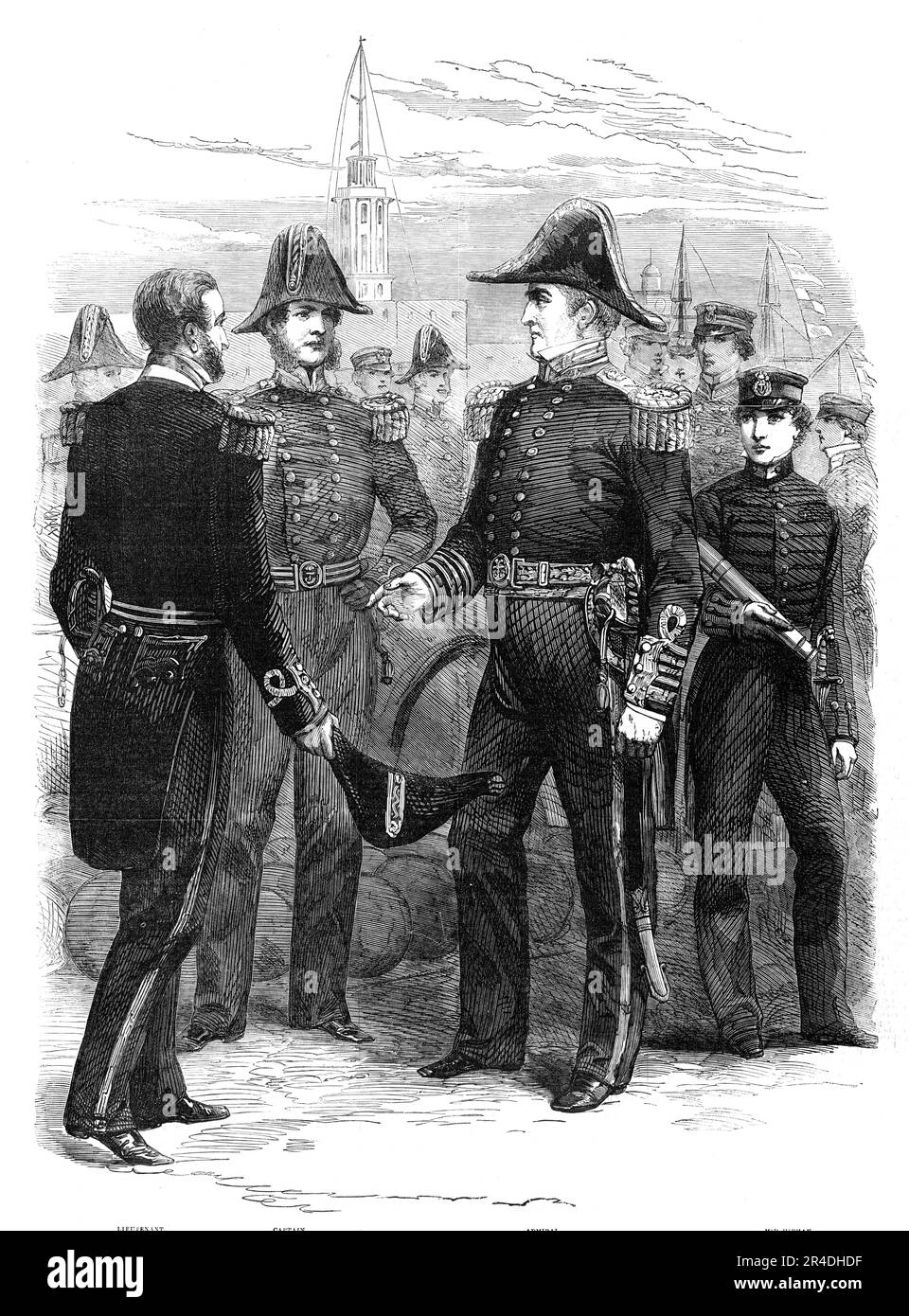The New Naval Uniforms, 1856. In '...the Dress Uniform of the Admiral...there are to be three rows only of distinction lace on the sleeves; and the epaulets have lace straps with three stars, within the crescent, above them crossed sword and baton, surmounted by a crown. The coat is of blue cloth with white collar; the trousers are of blue cloth, with 1&#xbd; inch gold lace down the outside seam; the embroidery of the epaulets and the sword-knot and belt is very handsome, especially the gold oak-leaves and acorns, and the clasp, with crown, anchor, and laurel. The sword, with solid hilt, half Stock Photo