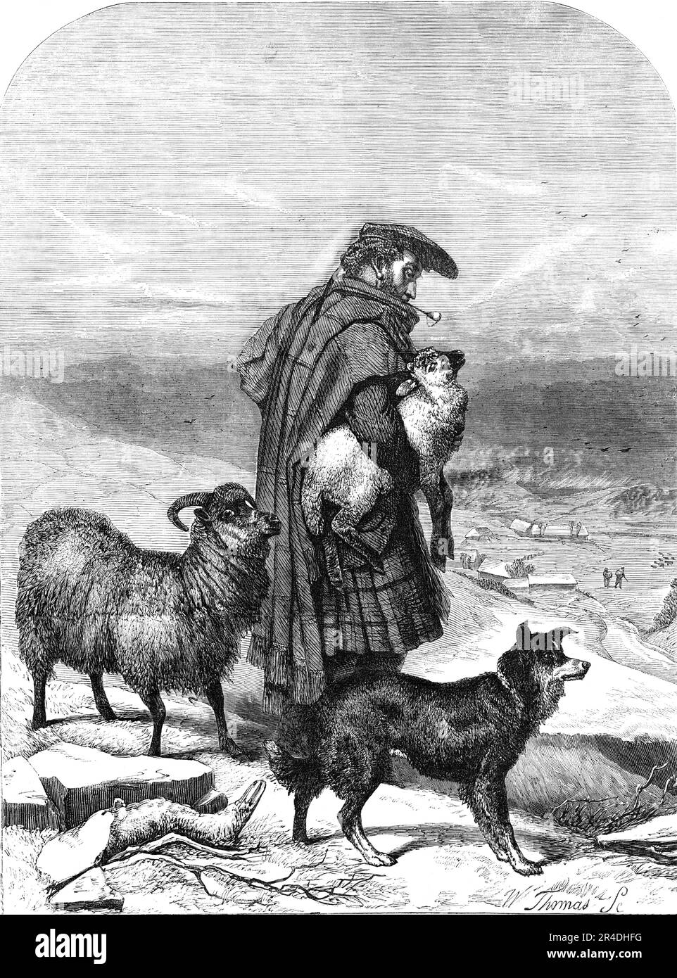 The Highland Shepherd - painted by R. Ansdell - from the Exhibition of the Royal Academy, 1856. Engraving of a painting. '...one of those happy transcripts of Highland life that has made Mr. Ansdell a favourite artist beyond the limits of his native Lancashire'. From &quot;Illustrated London News&quot;, 1856. Stock Photo