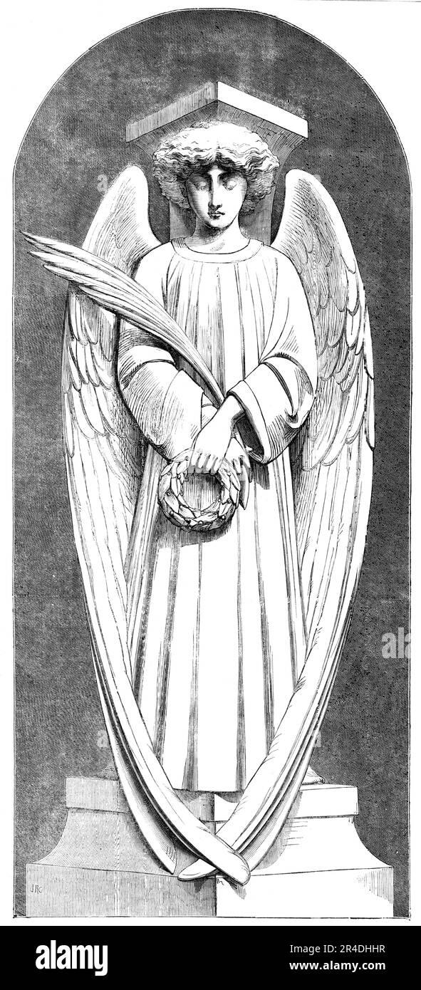 Angel of the Scutari Monument, by Marochetti, at the Crystal Palace, 1856. Detail from a model of the Scutari Monument, designed by Baron Marochetti, which was unveiled by Queen Victoria at the Crystal Palace in Sydenham. It was '...made in imitation of granite, with a weeping figure of an angel at each corner'. The full-size monument, which became known as the Crimean War Memorial, was commissioned to commemorate the Crimean War. It comprises a granite obelisk on a square base with four identical angels on its upper part, each bearing a palm frond and a wreath, and serving as caryatids to sup Stock Photo