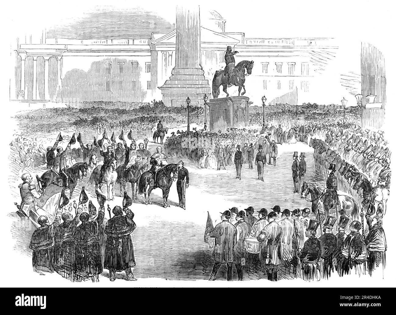 Proclamation of Peace at Trafalgar-Square, 1856. Crowds in London at an official ceremony to mark the end of the Crimean War. Taking part in the procession were numerous dignitaries and officials including: '...Life Guards, the Beadles of Westminster, the High Constable, the High Bailiff and Deputy-Steward of Westminster; Knight Marshal's men...drums. Drum-Major, trumpets, and Sergeant Trumpeter...The Trafalgar-square district was occupied by one of those dense moving masses which seem only possible on the supposition that an entire capital has turned itself out of doors'. In the background ar Stock Photo