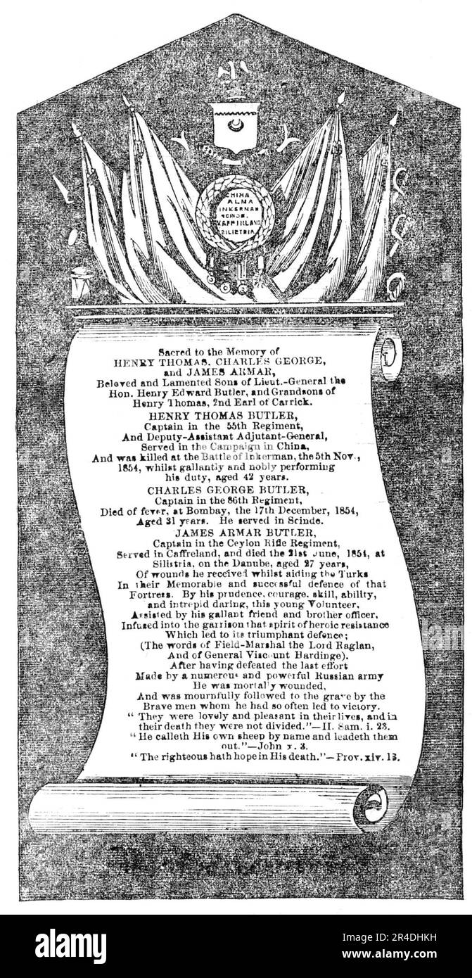 Monument to Captain Butler, and his Two Brothers, at Thomastown, 1856. Marble monument to officers of the British Army who died during the Crimean War, '...in the parish church of Thomas-town, county Kilkenny, to the memory of Captain James Armar Butler, the gallant defender of Silistria...of Captain Henry Thomas Butler, of the 55th Foot, who felt whilst gallantly fighting at the Battle of Inkerman; and of Captain George Butler, of the 86th Foot, who died of fever in Bombay in December, 1854. These gallant brothers, the sons of Lieutenant-General the Hon. Henry Edward Butler...all died within Stock Photo