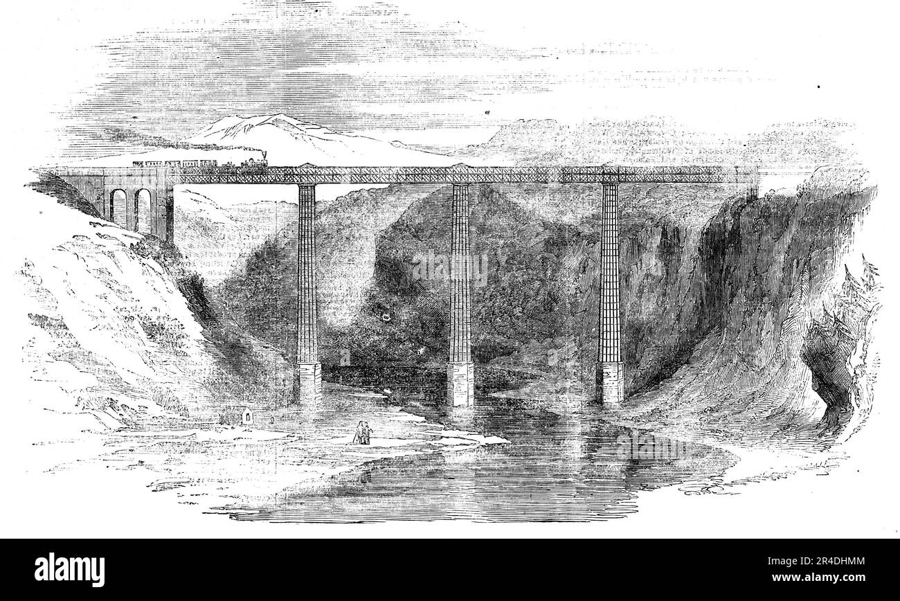 The Sitter Viaduct, on the Appenzel Railway, 1856. '...the St. Gall and Appenzell Railway (the first constructed in Switzerland) was opened with great ceremony...This bridge is upwards of 550 feet in length: the three piers on which it is supported are of cast iron, wonderfully light, having numberless open interstices, through which may be seen the snow-capped Appenzell mountains and the timeworn rocks that line the side of the great abyss...It was indeed an exciting moment when the train reached the deep ravine, and the shrill notes of the whistle proclaimed that the heavily-laden carriages Stock Photo