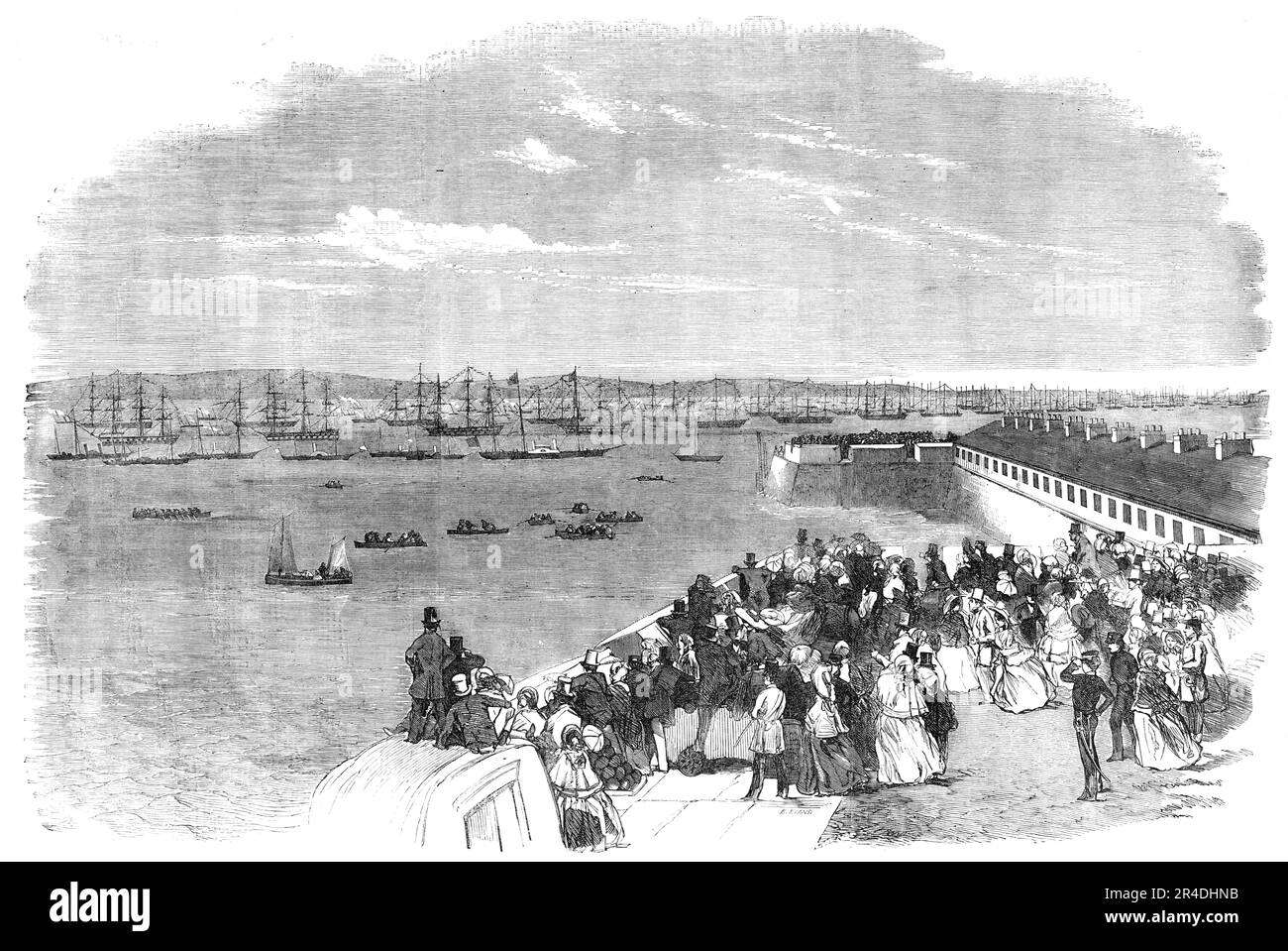The Naval Review: the Queen's Yacht passing Fort Monckton - drawn by S. Read, 1856. Queen Victoria attends a display by warships of the Royal Navy off the coast of Hampshire. 'The Queen's yacht, emerging from the surrounding smoke, proceeded rapidly past Fort Monckton, meeting everywhere the same enthusiastic reception, and, having rounded into a position to return down the centre line, entered the squadron of gun-boats, disposed in double rows on each side of her course, and majestically proceeded on her way. She glided past the small vessels of the flotilla, passed steam-frigates of various Stock Photo