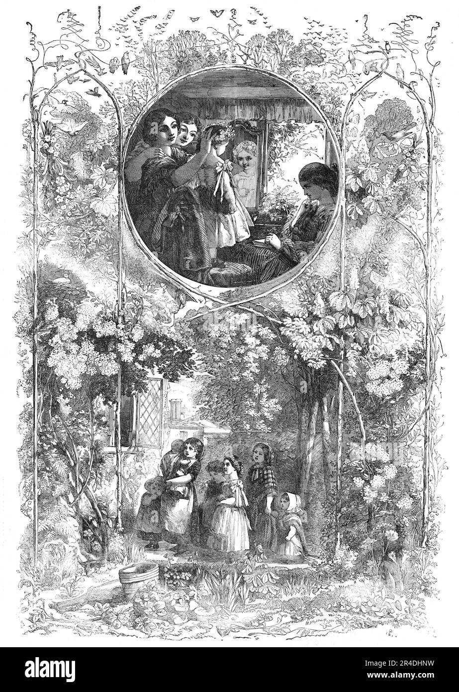 The May Queen, and Going A-Maying, 1856. May Day is a European festival of ancient origins marking the beginning of summer, usually celebrated on 1 May, approximately halfway between the spring equinox and summer solstice. Traditions include gathering wildflowers and green branches, weaving floral garlands, crowning a May Queen, and setting up a Maypole, May Tree or May Bush, around which people dance. From &quot;Illustrated London News&quot;, 1856. Stock Photo