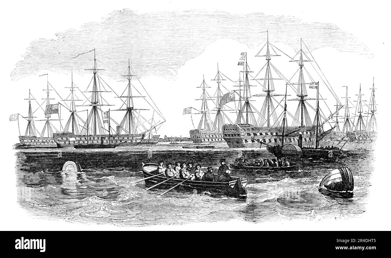 The Grand Naval Review, at Spithead: The Fleet from the South - sketched by J. W. Carmichael, 1856. Ships of the Royal Navy taking part in a display off the coast of Hampshire. '...the fleet anchored in a stately line, with the Duke of Wellington at its head, bearing the Admiral's ensign'. From &quot;Illustrated London News&quot;, 1856. Stock Photo
