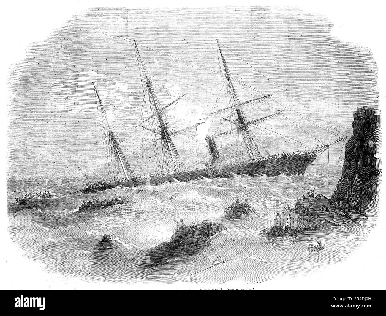 Wreck of the Chilian Steamer &quot;Cazador&quot;, 1856. Disaster off the coast of Chile. 'The vessel left Talcahuano with a smooth sea and south wind...having embarked the sixth company of the 2nd of the Line under Captain V. Rodriguez...twenty-three men under Second Lieutenant Alvarez de Araya, and a number of soldiers' wives, not less than 140...the First Lieutenant, Mr. Hubert Simpson, was startled by a sudden shock received by the vessel running on the Carranza Rocks...The Captain immediately gave orders to draw near the shore and land the passengers, but in vain. The hull had been opened Stock Photo